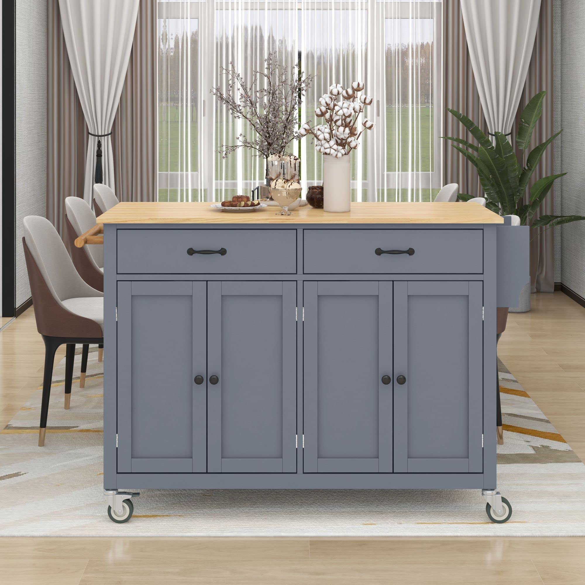 **Wooden Kitchen Island Cart on Wheels - Mobile Storage Cabinet with 2 Drawers, 2 Cabinets, Spice Rack & Towel Rack - Dusty Blue - Perfect for Small Kitchens, Pantry Organization & Extra Counter Space**