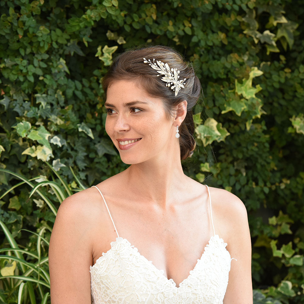 Aster Pearl Embellished Enamel Leaves Hair Clip - Elegant Hair Accessory for Women, Bridal, Prom & Special Occasions