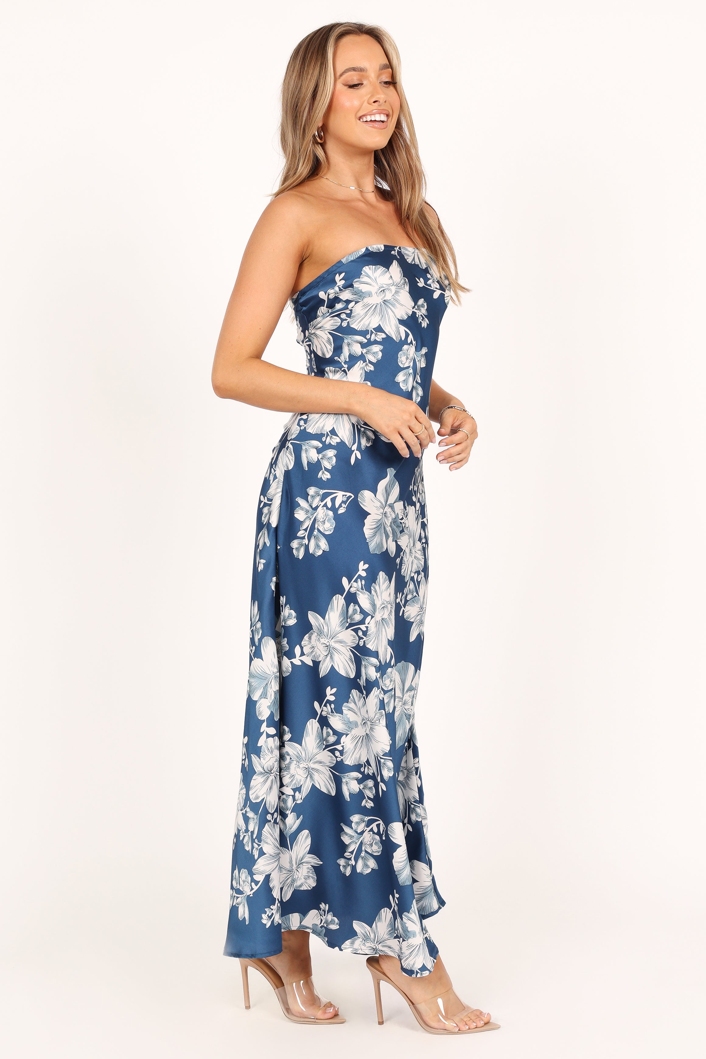 Gemma Strapless Maxi Dress - Blue Floral Print Summer Beach Dress for Women | Perfect for Vacations, Weddings & Outdoor Parties