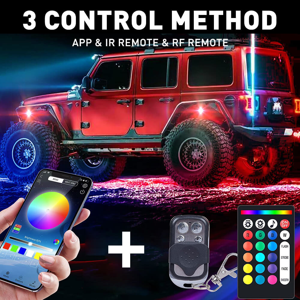RGB LED Pod Rock Lights Kit - Wireless APP Control, Music Sync & Chasing Effects Underbody Neon Lights for 12V SUV, Jeep, Truck (15 LEDs Per Light) - Perfect for Off-Roading, Car Shows & Night Driving