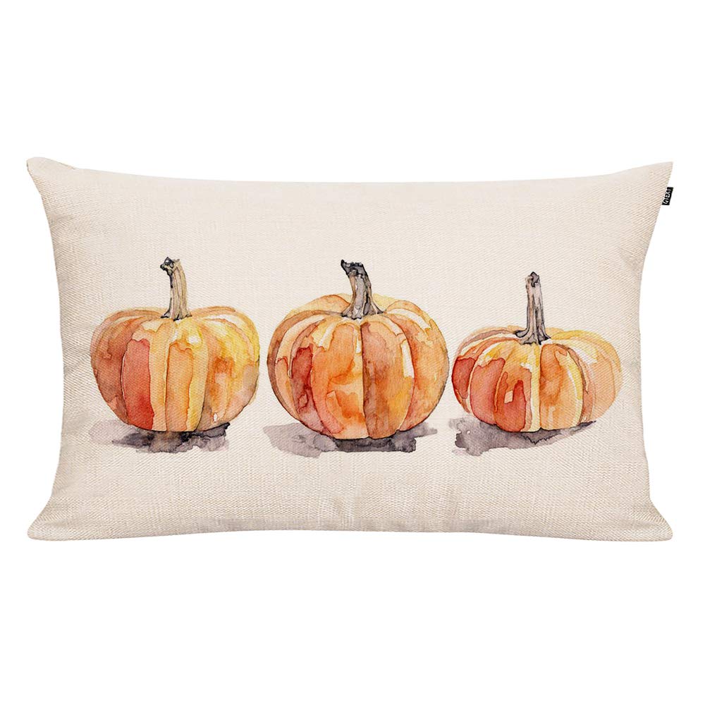 GTEXT 20x12 Inch Farmhouse Pillow Covers - Fall Pumpkin Print Cotton Linen Cushion Covers for Sofa, Couch & Home Decor - Country Style Decorative Throw Pillow Cases (Perfect for Autumn, Thanksgiving & Farmhouse Living Room Decor)
