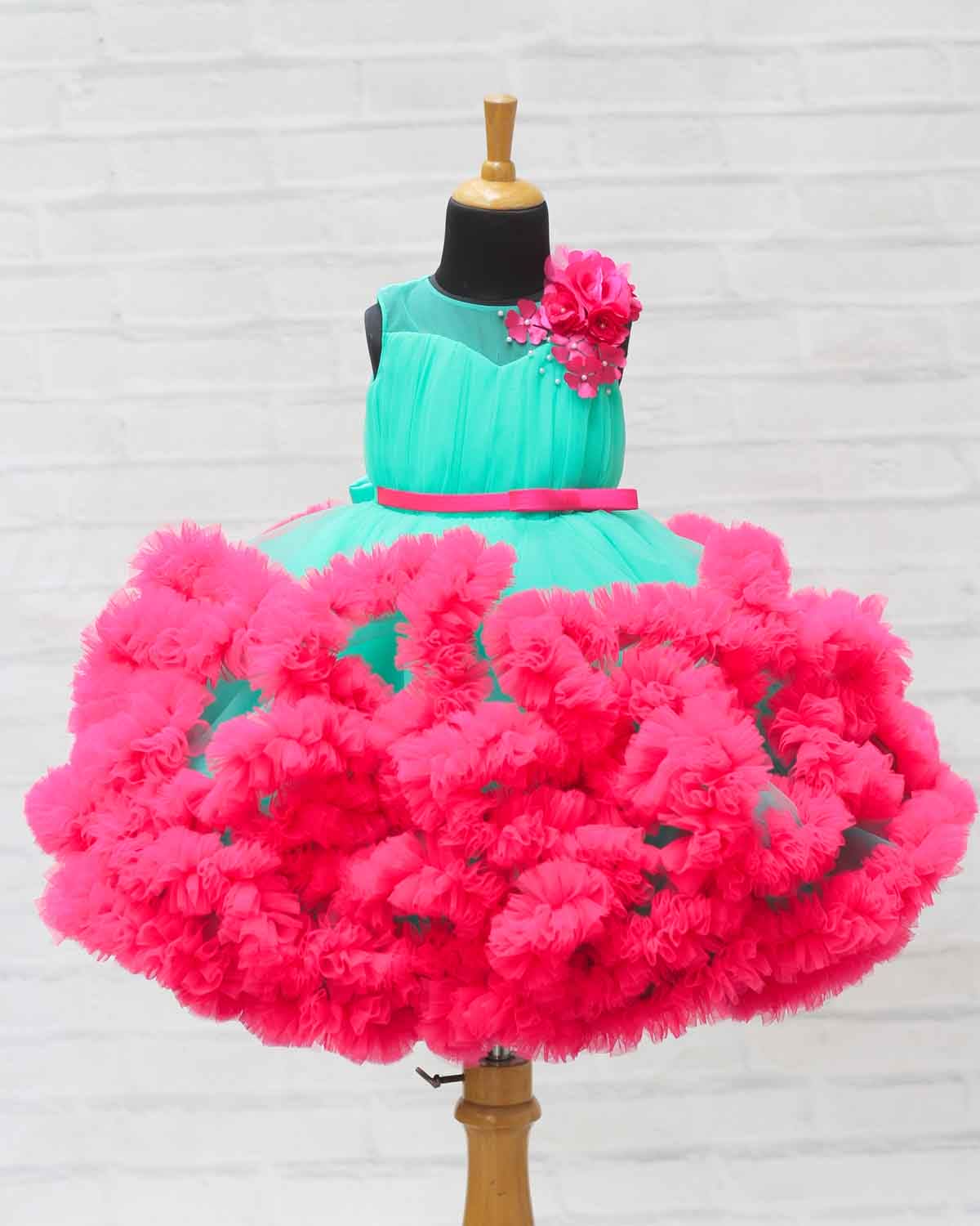 Pre Order: Aqua Green & Pink Frilled Party Gown with Floral Detailing - Elegant Prom, Wedding Guest & Special Occasion Dress