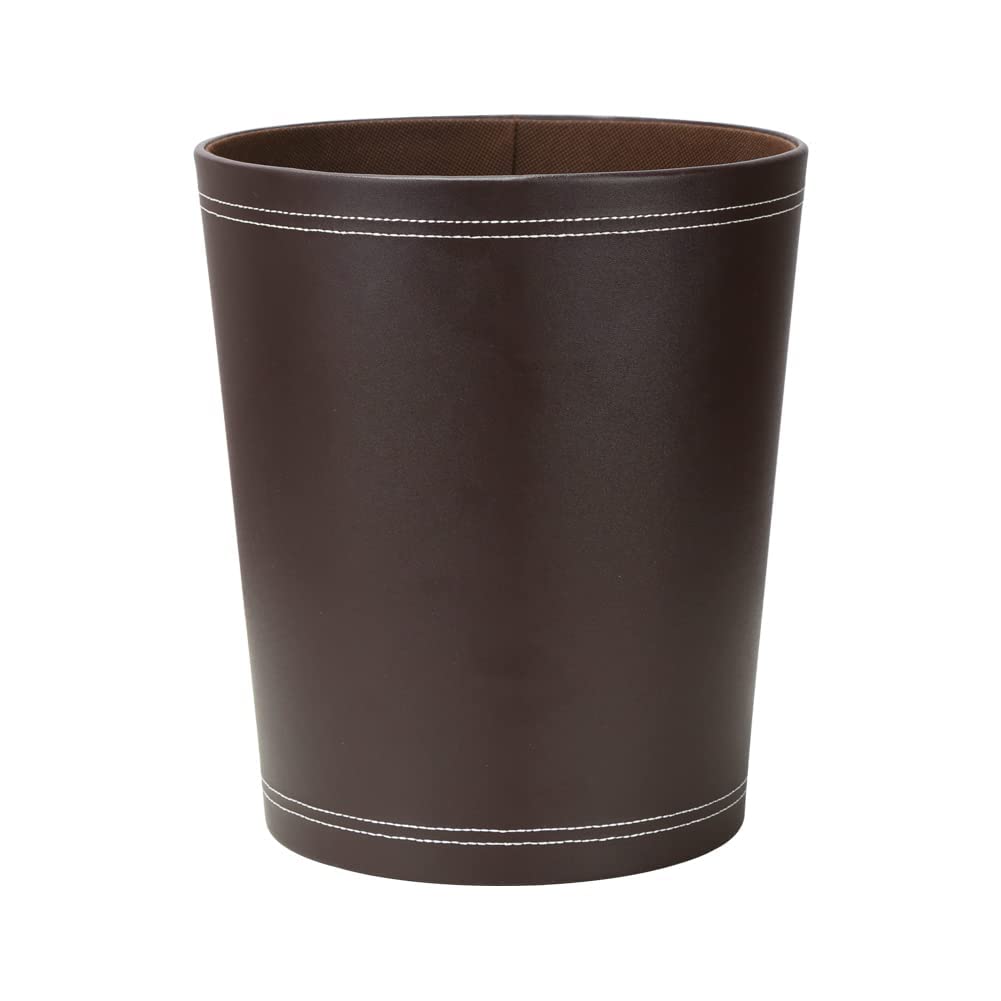 KINGFOM Classic PU Leather Trash Can - Round Brown Wastebasket for Bathroom, Kitchen, Office & Hotel - Durable Garbage Bin for Home Decor & Luxury Spaces