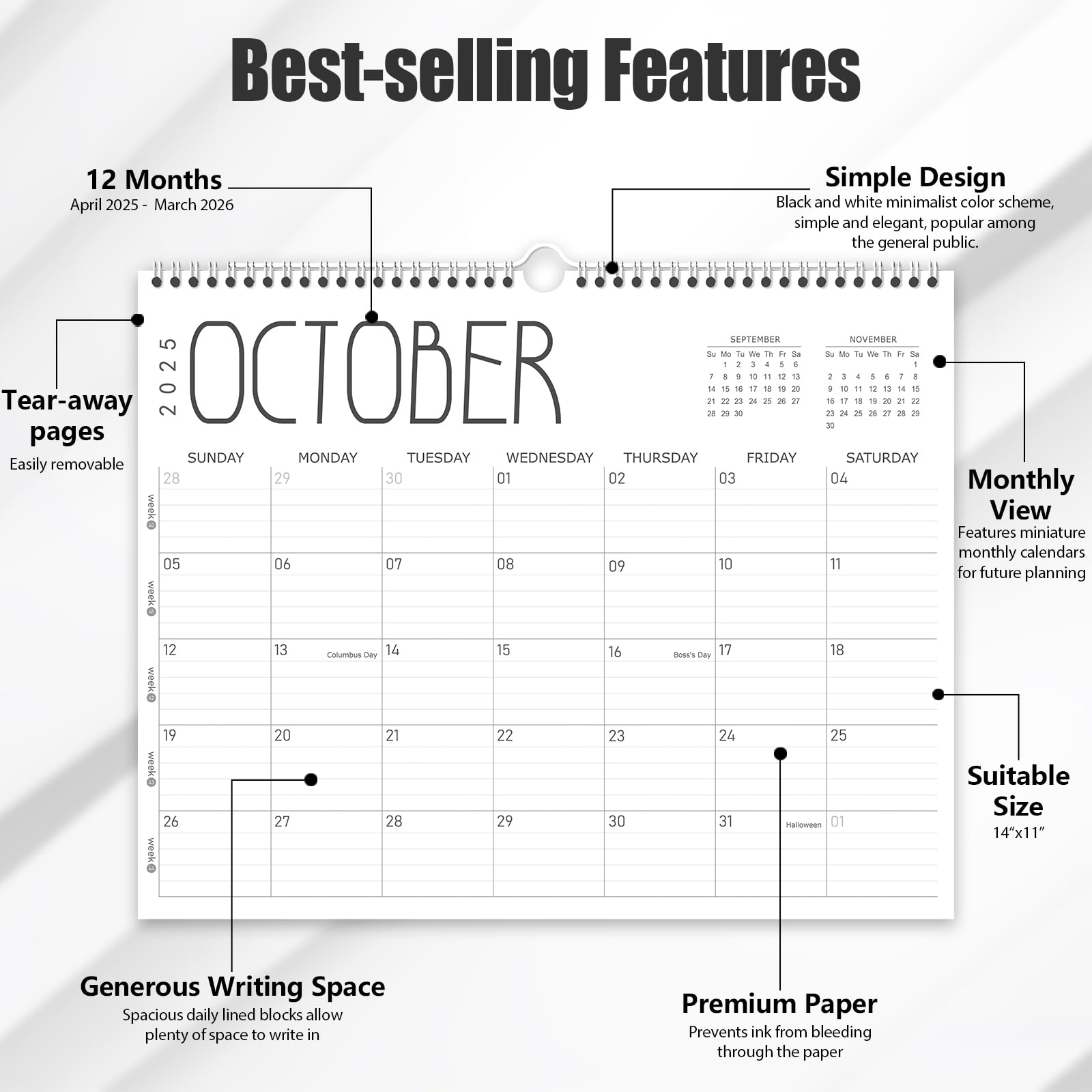 GuassLee 2025-2026 Wall Calendar Planner - 12 Month Spiral Bound Hanging Calendar (April 2025 to March 2026), 14