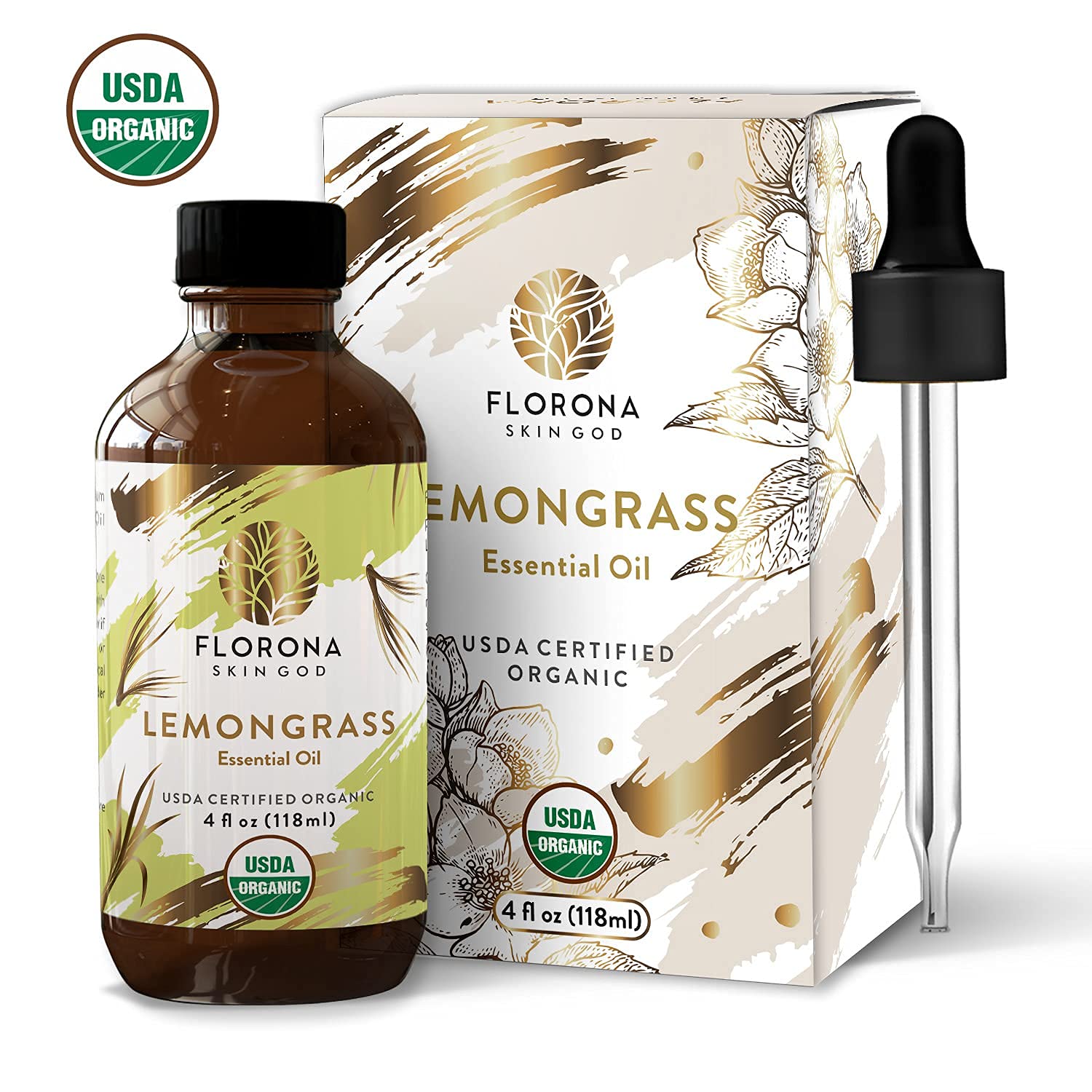 Organic Lemongrass Essential Oil 4oz - USDA Certified for Hair, Skin & Aromatherapy - Diffuser & Massage Use