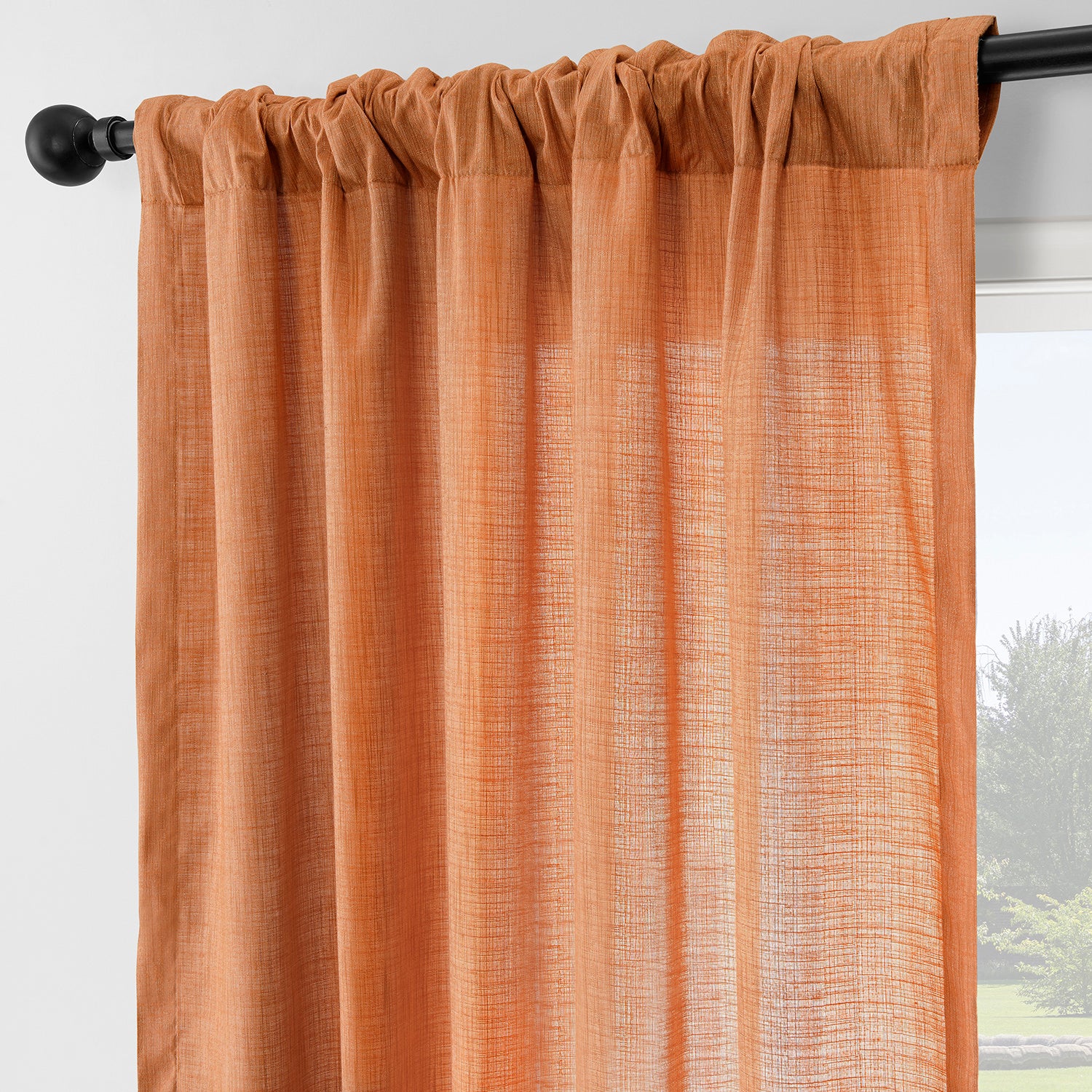 Rustic Orange Linen Weave Light Filtering Curtains - Set of 2 Panels for Living Room, Bedroom & Dining Room Window Treatments