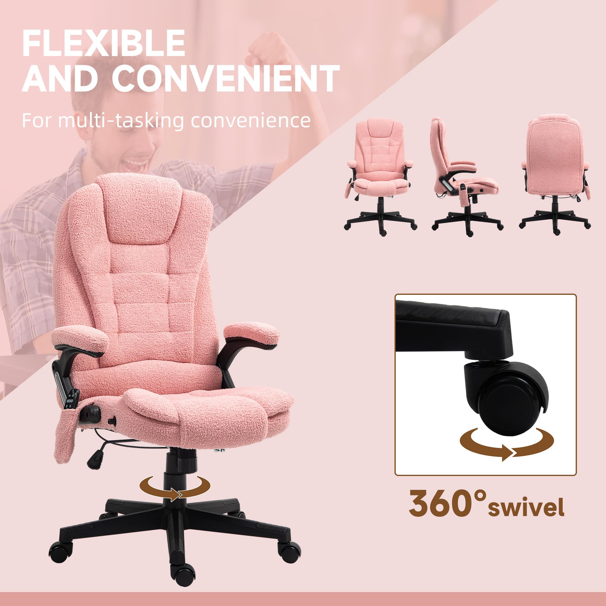 HOMCOM 6-Point Vibrating Massage Office Chair with Heating - Velvet High Back Executive Chair, Reclining Backrest, Padded Armrests & Remote Control (Pink) - Perfect for Home Office, Gaming & Relaxation