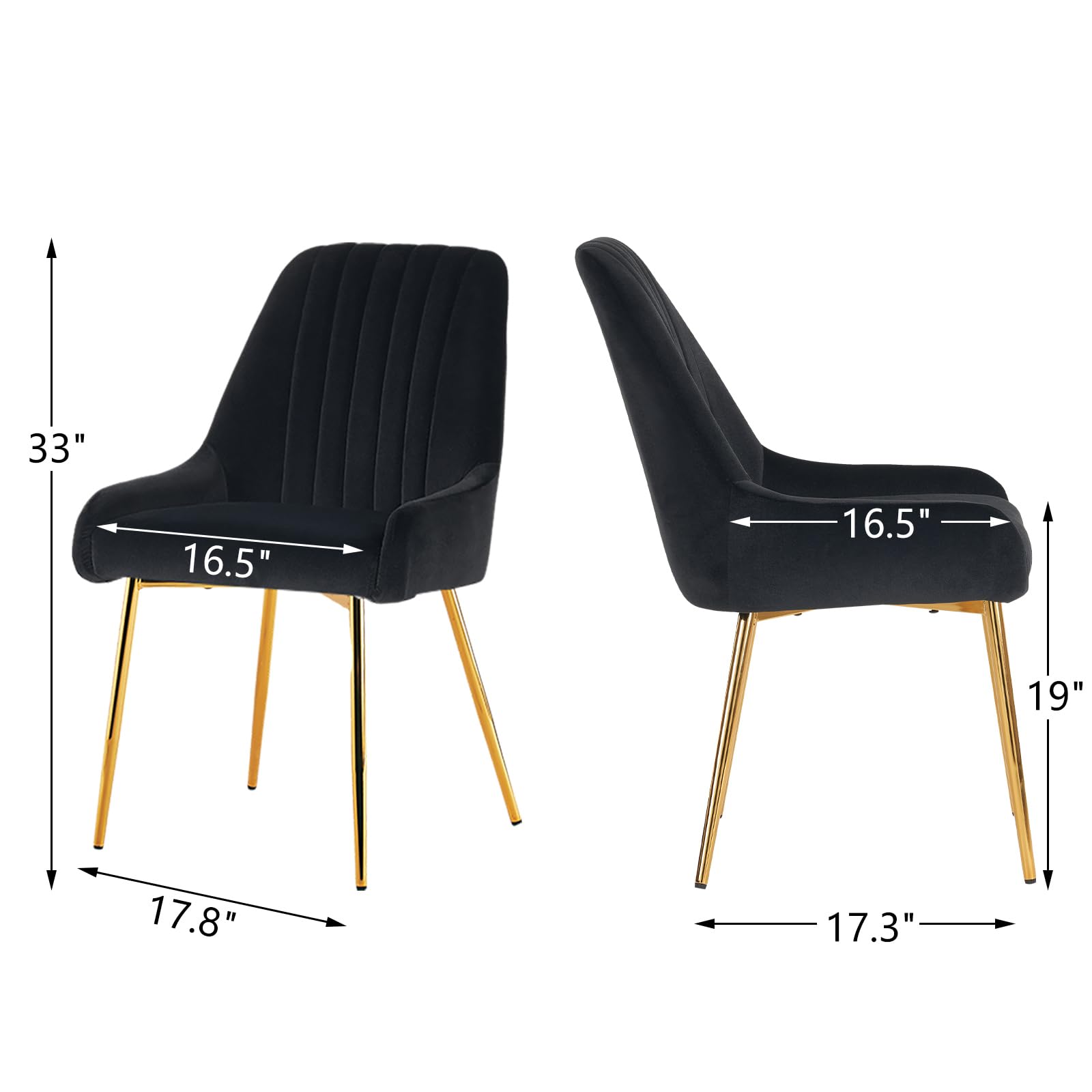 ANOUR Velvet Dining Chairs Set of 2 - Modern Upholstered Kitchen Chairs with Gold Metal Legs, Armless Accent Chairs for Dining Room, Living Room & Vanity - Soft Black Velvet Seating for Home Decor