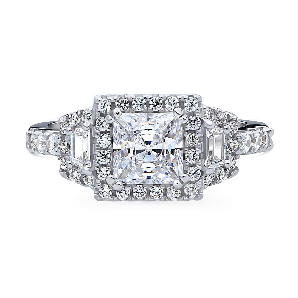 BERRICLE Sterling Silver Halo Wedding & Engagement Ring 1.2 Carat Princess Cut Cubic Zirconia CZ 3-Stone Ring for Women, Rhodium Plated Size 4-10 - Perfect for Proposals, Anniversaries & Bridal Jewelry Gifts