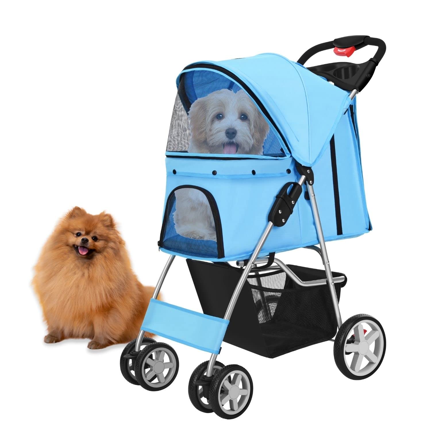 Flexzion 4-Wheel Folding Pet Stroller for Dogs & Cats - Lightweight Carrier Cage with Sun Shade, Cup Holder & Mesh Window - Ideal for Jogging, Walking & Travel (Up to 30 lbs, Blue) | Perfect for Park Visits, Vet Trips & Outdoor Adventures