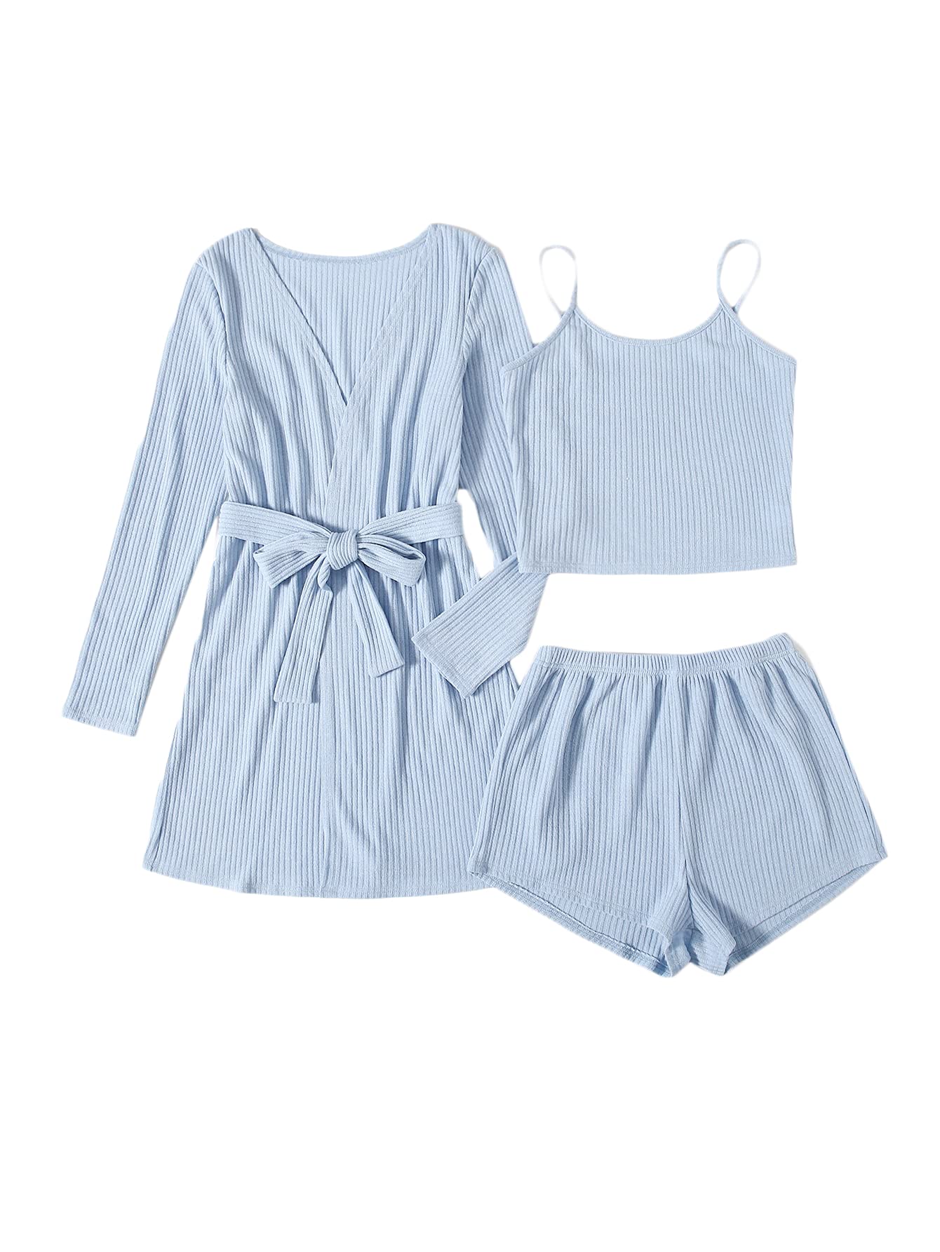 SOLY HUX Women's 3-Piece Lounge Set - Soft Rib Knit Pajama Set with Cami Top, Shorts & Cardigan Robe - Cozy Sleepwear for Women - Perfect for Lounging, Sleeping & Relaxing at Home