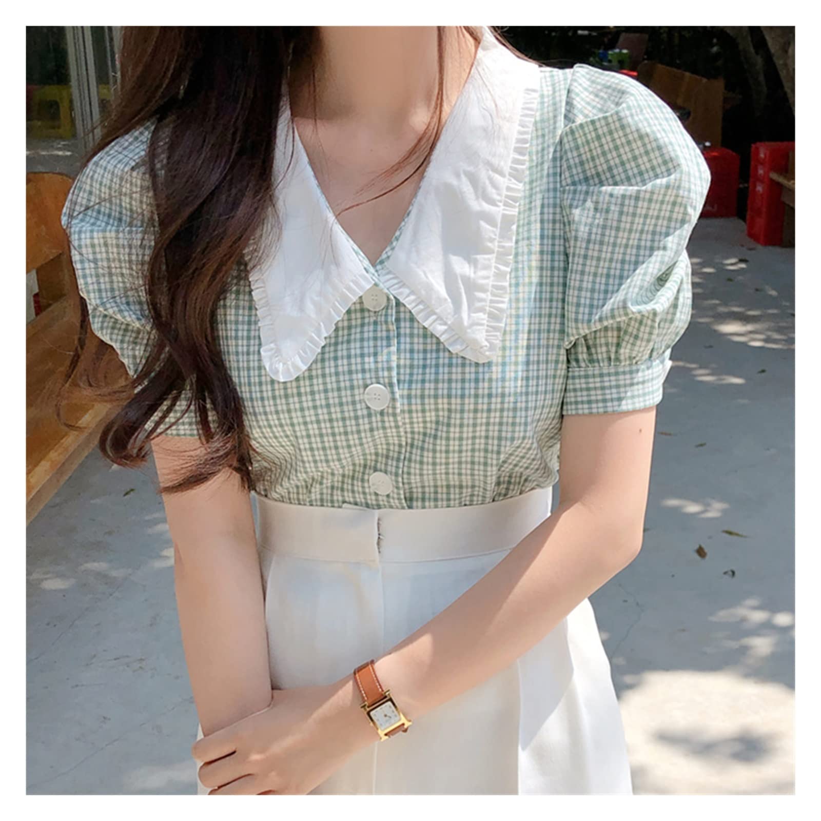 Vintage Plaid Single-Breasted Blouse for Women - Puff Sleeve Turn-Down Collar Summer Top (Size M) - Perfect for Office Wear, Casual Outings & Summer Vacations