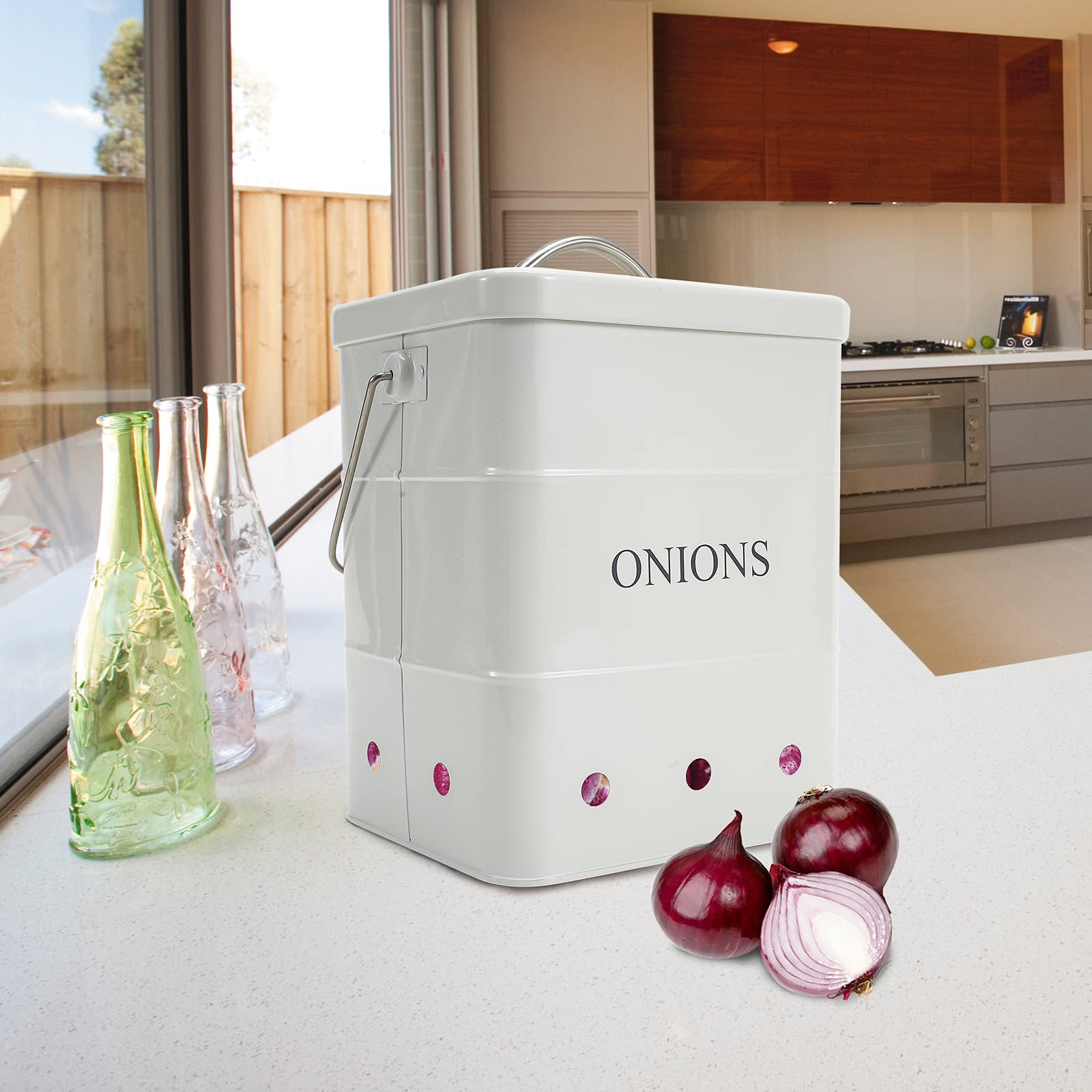 Airtight Onion Storage Bin with Lid & Handles - Kitchen Pantry Organizer for Vegetables - White Tin Canister with Aerating Holes | Perfect for Fresh Produce Storage in Pantry, Kitchen & Countertop Organization
