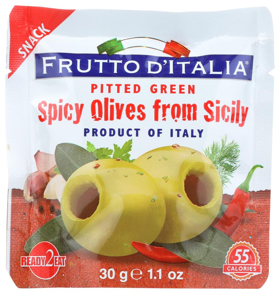Premium Green Spicy Pitted Olives in Resealable Pouch - 1.1oz (10 Pack) | Mediterranean Snack, Salad Topping & Charcuterie Board Ingredient | Perfect for Parties, Picnics & Healthy Snacking