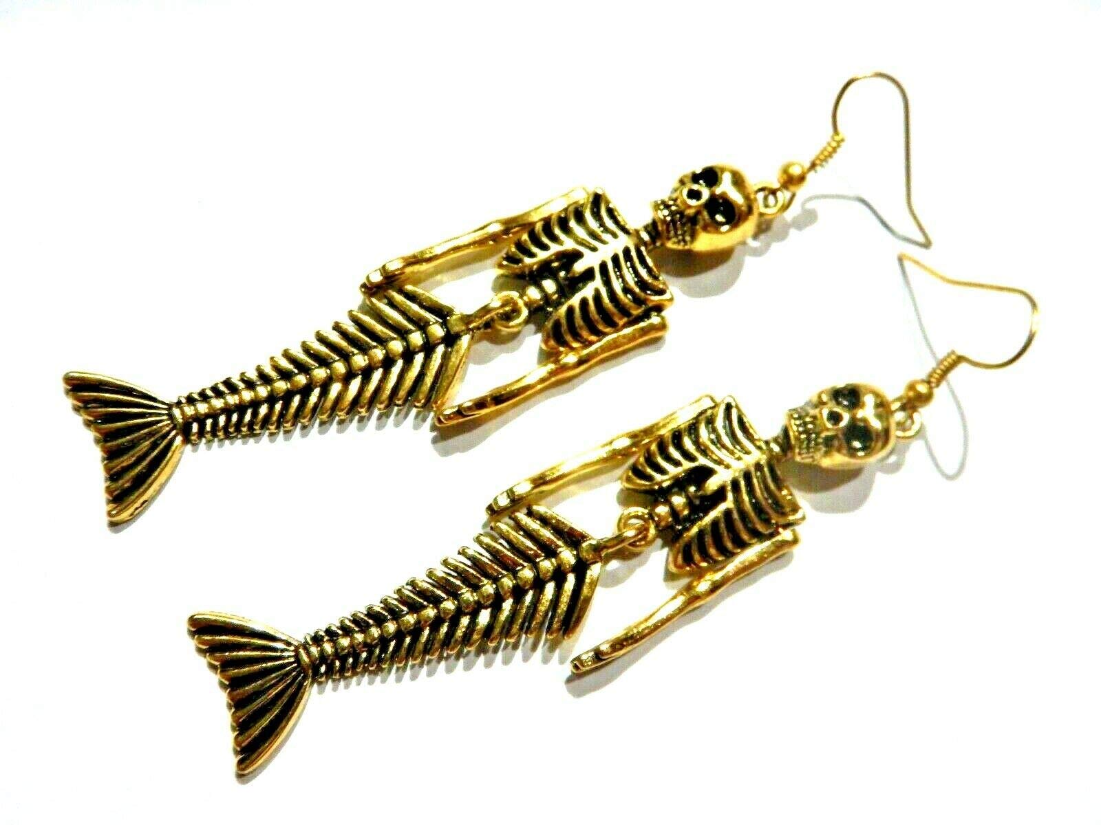 Hypoallergenic Mermaid Skeleton Earrings - Gold Tone Dangling Nickel-Free Hooks for Punk Gothic Style | Perfect for Halloween, Cosplay, and Alternative Fashion