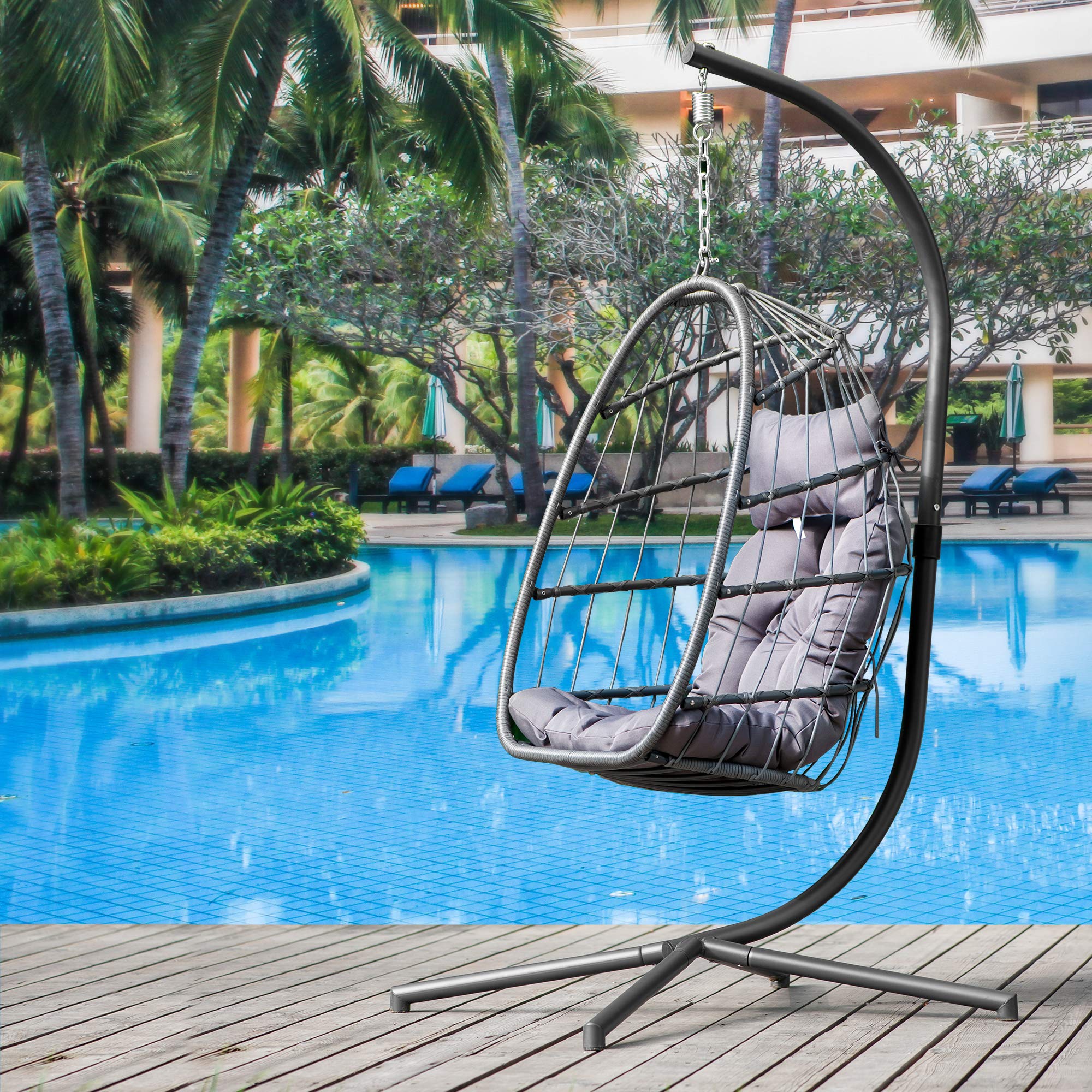 Olela Wicker Egg Swing Chair with Stand - Indoor/Outdoor Hanging Basket Chair with Cushion & Pillow - Perfect for Bedroom, Living Room, Patio or Garden Decor (Grey) - Ideal for Relaxing, Reading & Lounging in Style