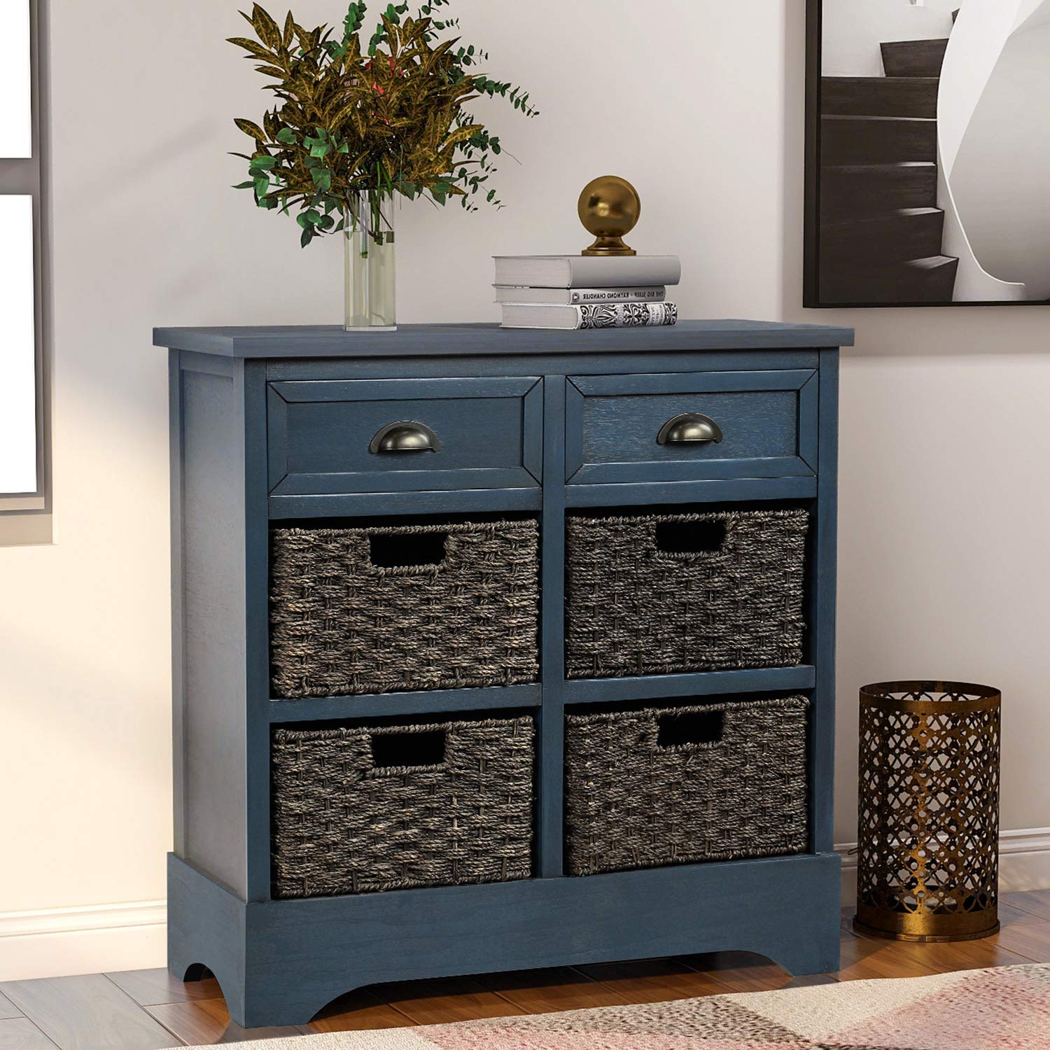 Retro Storage Cabinet with Wood Drawers & Wicker Baskets - Home & Living Room Organizer