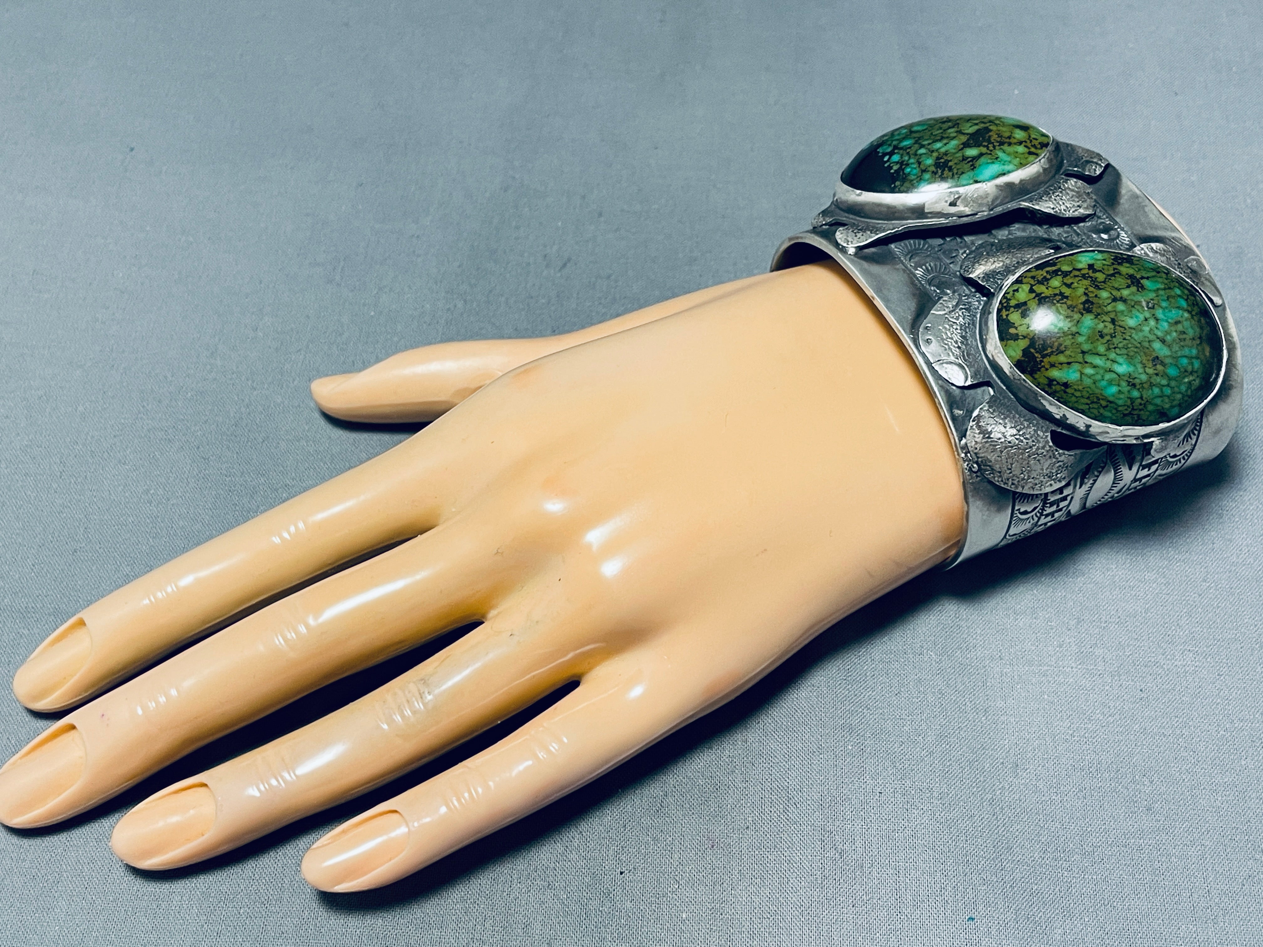 188 Grams Double Green Turquoise Sterling Silver Cuff Bracelet - Handmade Jewelry for Women, Boho Chic Accessories - Perfect for Parties, Weddings & Everyday Wear