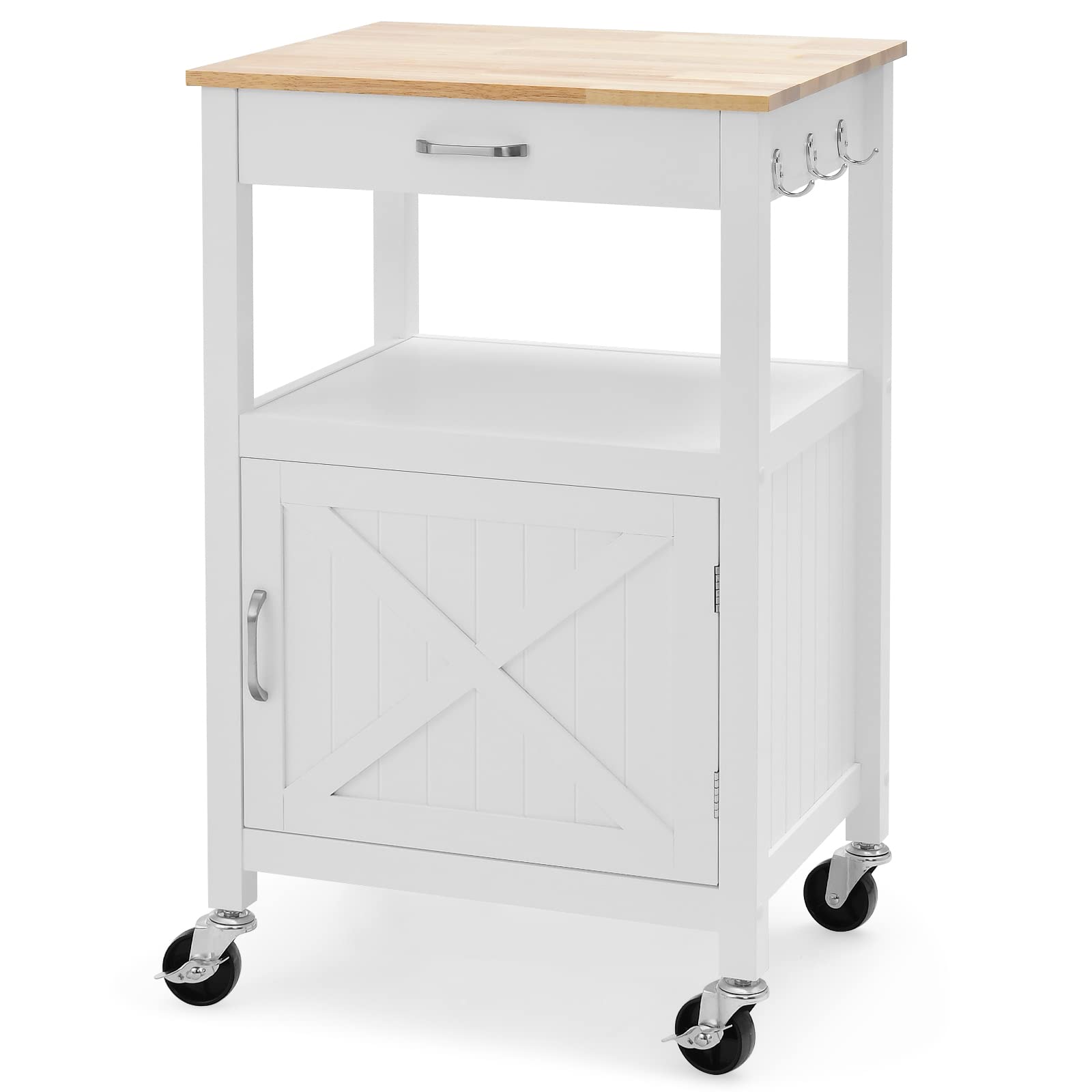Giantex Kitchen Cart with Storage - Small Kitchen Island on Wheels with Drawer, 3 Hooks & Wood Butcher Block Countertop - Rolling Utility Cart for Dining Room, Serving & Food Prep - Perfect for Small Spaces & Entertaining