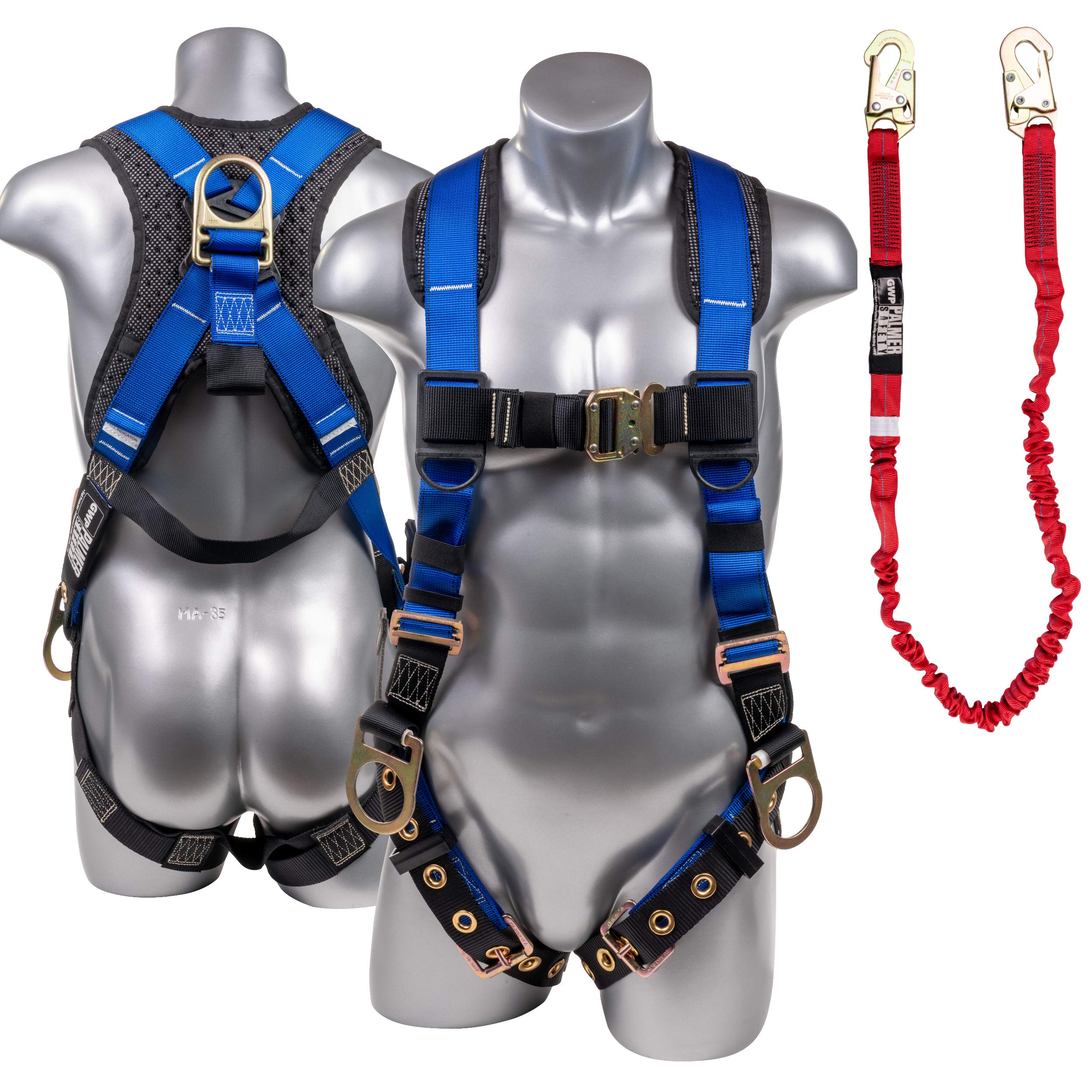 OSHA Compliant Full Body Safety Harness with Detachable 6ft Shock Absorbing Lanyard - Construction Fall Protection Kit (Harness + Steel Hook Leg Lanyard) - Ideal for Roofing, Scaffolding & Industrial Work Safety