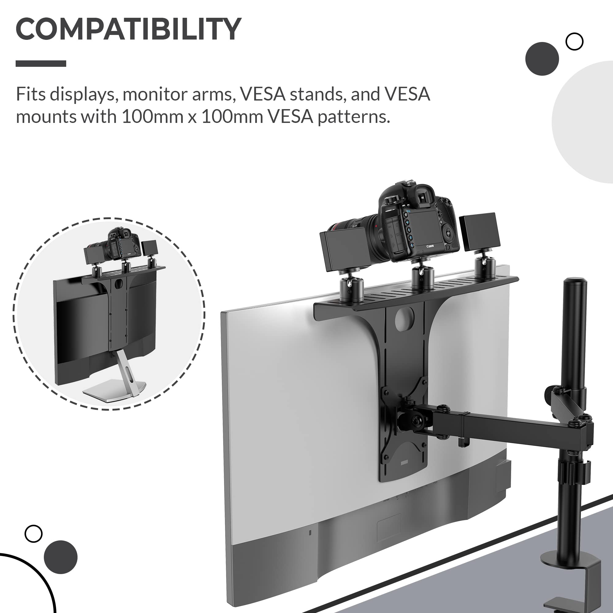 HumanCentric DSLR Monitor Mount - Adjustable VESA Arm Camera Shelf for Desk, Webcam & Microphone Stand - Heavy Duty Monitor Riser for Photography & Streaming Setup - Perfect for Home Office, Gaming & Video Production Workspace