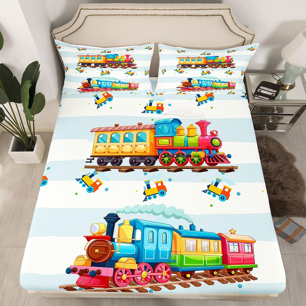 Feelyou Cartoon Train Fitted Sheet Set - Ultra Soft Boys Car & Vehicle Print Bedding for Kids & Teens - Queen Size Bed Cover with Cute Train Design - Perfect for Kids' Room Decor, Birthday Gifts & Themed Bedrooms