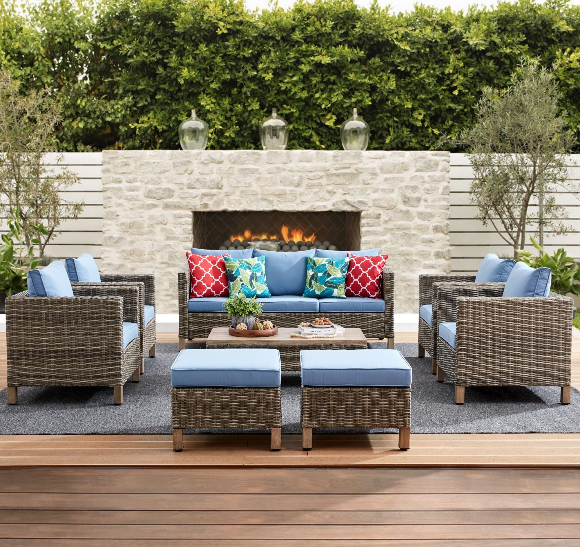 8-Piece All-Weather Outdoor Patio Furniture Set with Metal Coffee Table - Wicker Rattan Sectional Sofa Conversation Set for Porch, Poolside, Garden & Backyard - Perfect for Relaxing, Entertaining & Outdoor Dining (Blue)