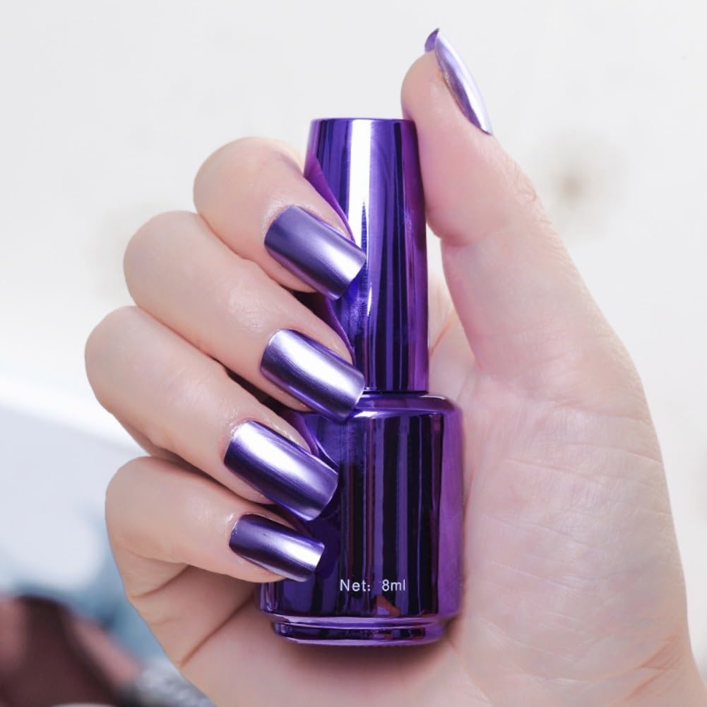 8ml Blue Purple Metallic Mirror Nail Polish - Long Lasting High Shine Reflective Glitter Nail Lacquer for Manicure - Perfect for Parties, Weddings & Special Occasions