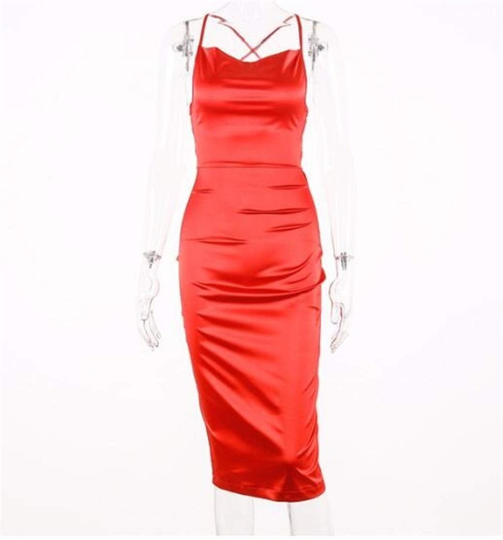 KAKAYO Women's Sexy Neon Red Satin Lace-Up Midi Dress - Sleeveless Backless Elegant Party & Club Outfit for Summer (Size L) | Perfect for Nightclubs, Cocktail Parties, Date Nights & Special Occasions