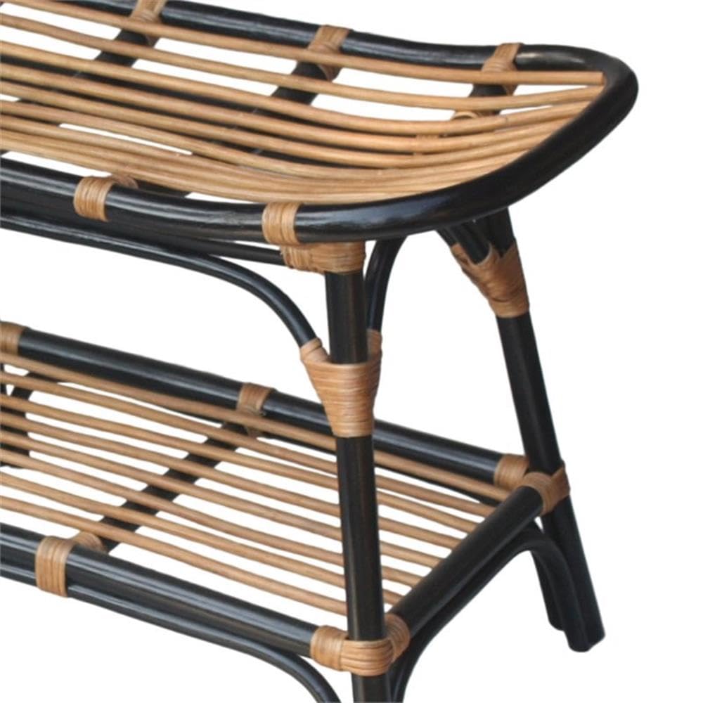 Damara Rattan Bench with Shelf - Black Outdoor Furniture for Patio, Garden, and Entryway Decor