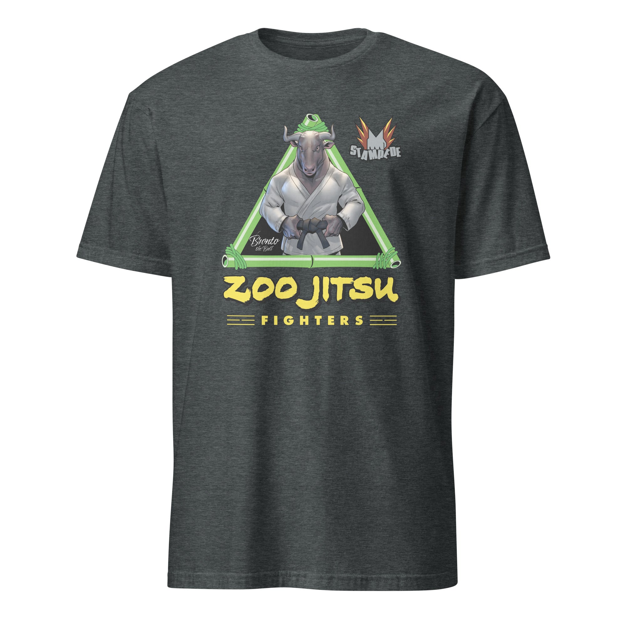 Zoo Jitsu Fighters Bronto the Bull Graphic T-Shirt - Unisex Short Sleeve Cotton Tee - Funny Animal MMA Shirt for Men & Women - Perfect for Gym, Casual Wear & Gifts