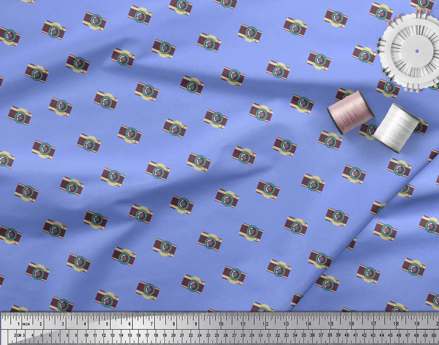 Soimoi Blue Silk Fabric by The Yard - 42 Inch Wide - Camera Print Shirting for Photography Enthusiasts - Perfect for Travel-Themed Shirts, DIY Projects & Photography Backdrops