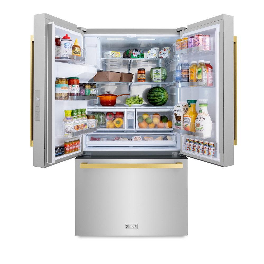 ZLINE Autograph Edition 36 Inch French Door Refrigerator with External Water Dispenser - 28.9 cu. ft. Capacity, Dual Ice Maker, Fingerprint Resistant Stainless Steel & Polished Gold Handles (RSMZ W 36 FG) - Perfect for Modern Kitchens, Entertaining & Large Family Homes