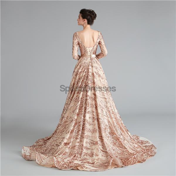 Sparkly Rose Gold Long Sleeve Backless Prom Dress for Evening Party | Elegant Formal Gown for Homecoming, Wedding Guest & Special Occasions