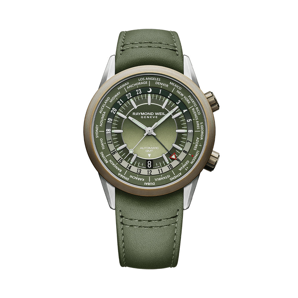 Freelancer GMT Worldtimer Watch 40.5mm Green Dial Leather Strap - Perfect for Business Travel & International Timekeeping