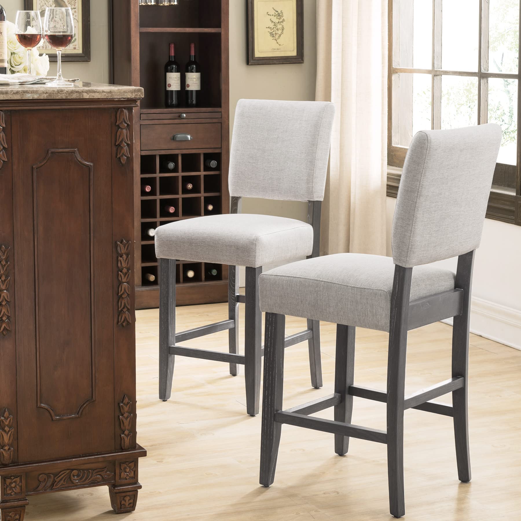 Leick Home 2-Pack Upholstered Counter Height Bar Stools with Wood Base - Blackbean & Gray Wash for Kitchen Island, Breakfast Bar & Dining Room - Comfortable & Stylish Seating Solution