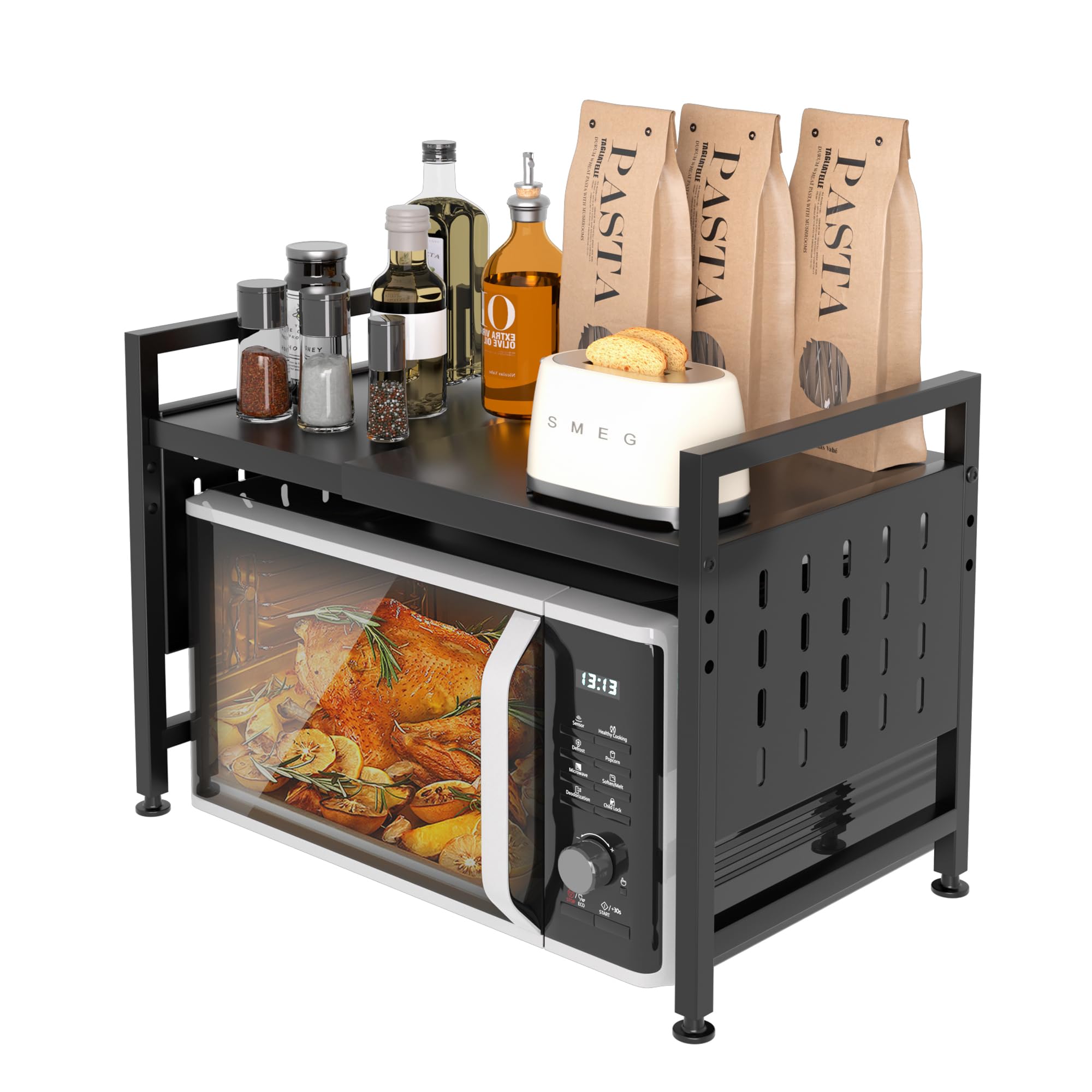 Expandable 2-Tier Microwave Oven Rack - Heavy Duty Metal Kitchen Countertop Organizer Shelf with 88lbs Capacity - Perfect for Baking, Cooking & Small Appliance Storage in Compact Spaces