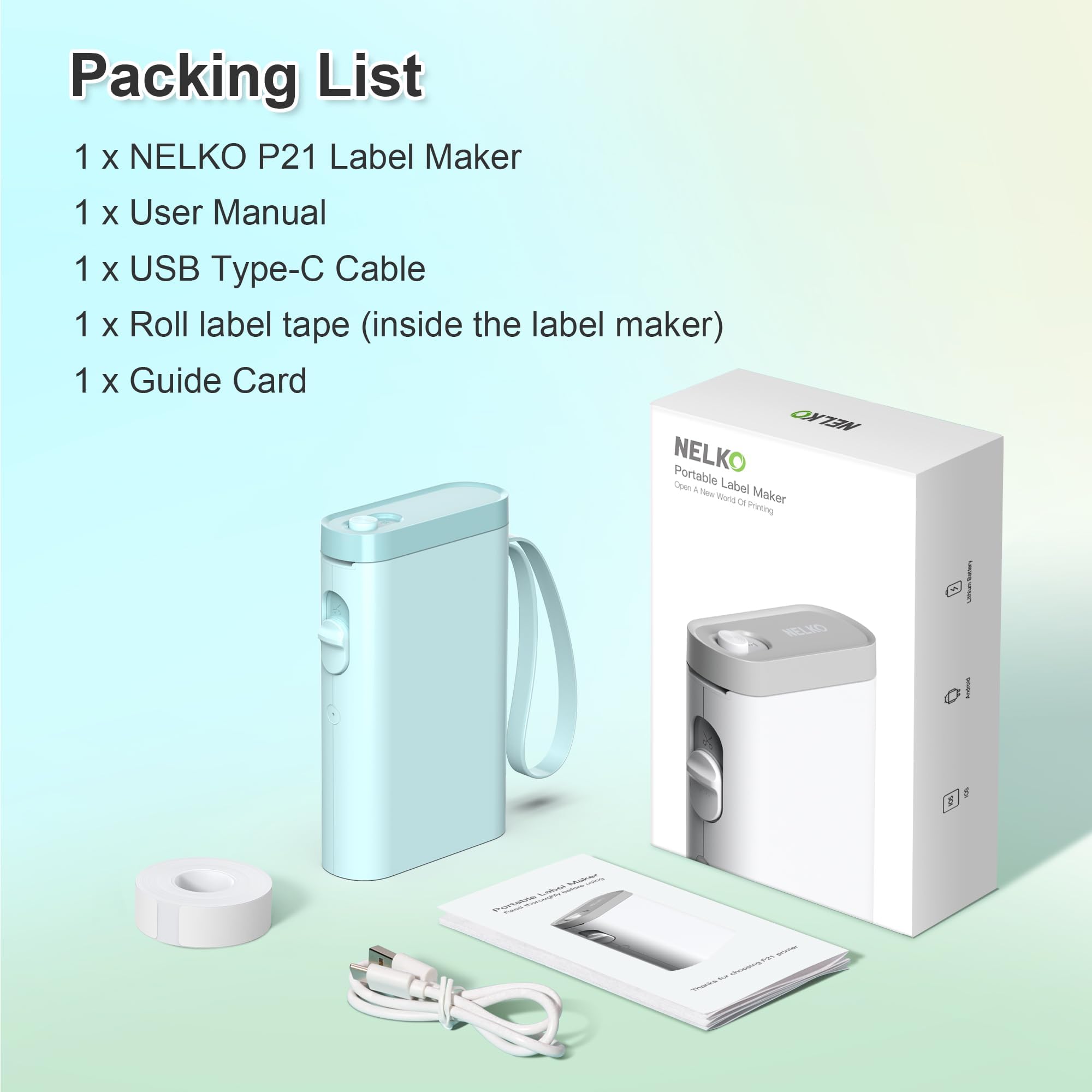 Nelko P21 Bluetooth Label Maker Machine with Tape - Wireless Mini Label Printer for Home & Office Organization - Multiple Templates, Easy to Use - Perfect for Pantry, Storage, School & Craft Projects (Cyan)
