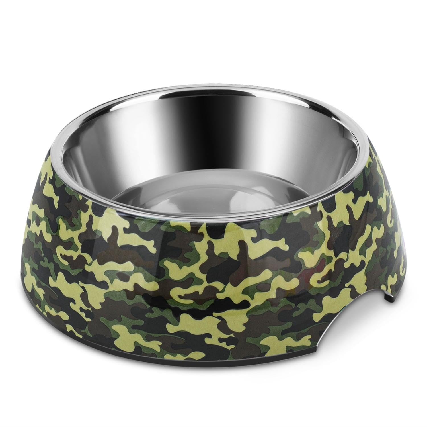 Flexzion Stainless Steel Dog Bowl with Non-Slip Rubber Base - 24oz No Spill Pet Food & Water Dish for Small & Medium Dogs - Removable Holder, Camouflage Design - Perfect for Home, Travel & Outdoor Use