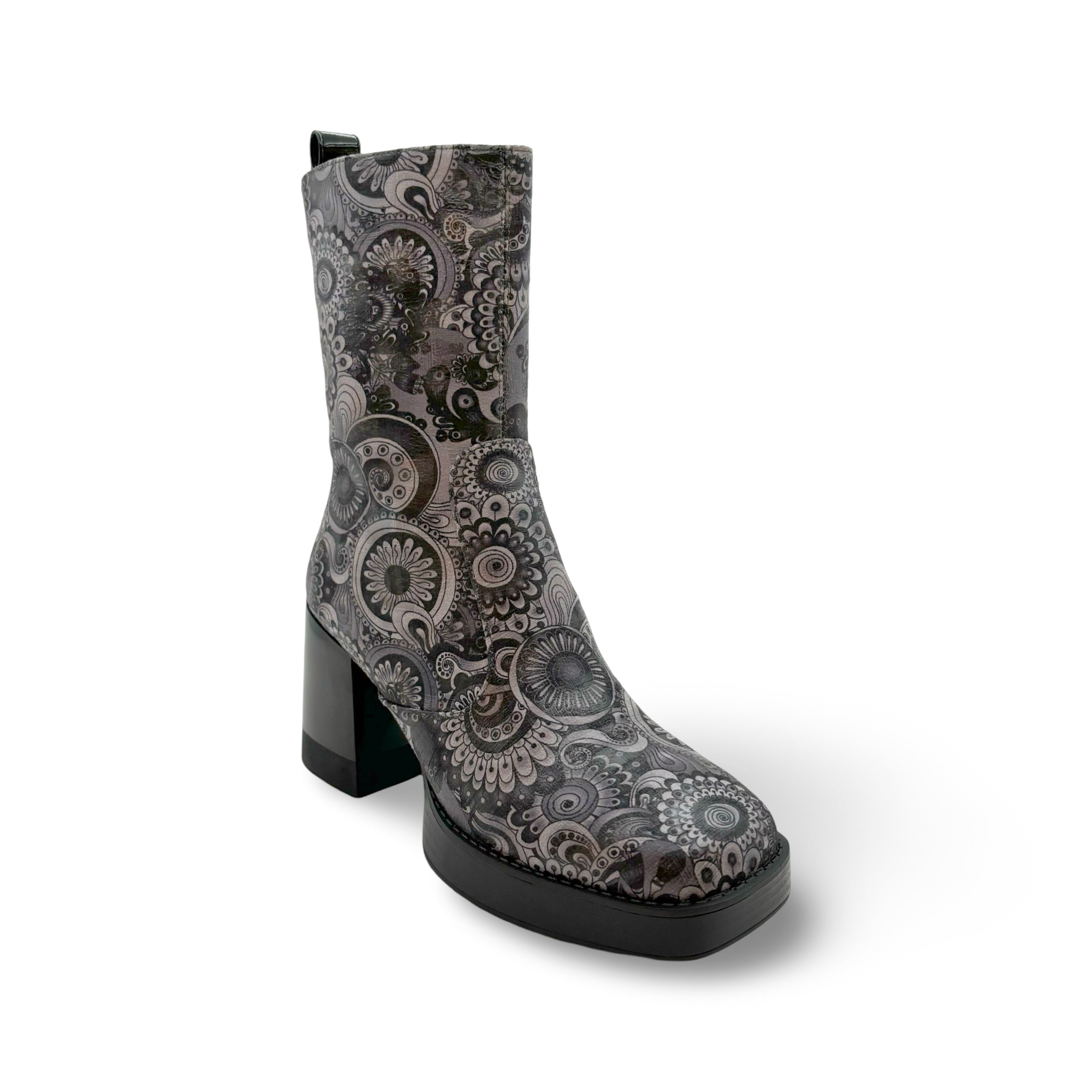 Waterproof Vegan Leather Floral Print Boots for Women - Black & Grey Fashion Ankle Boots - Perfect for Fall, Winter & Rainy Days