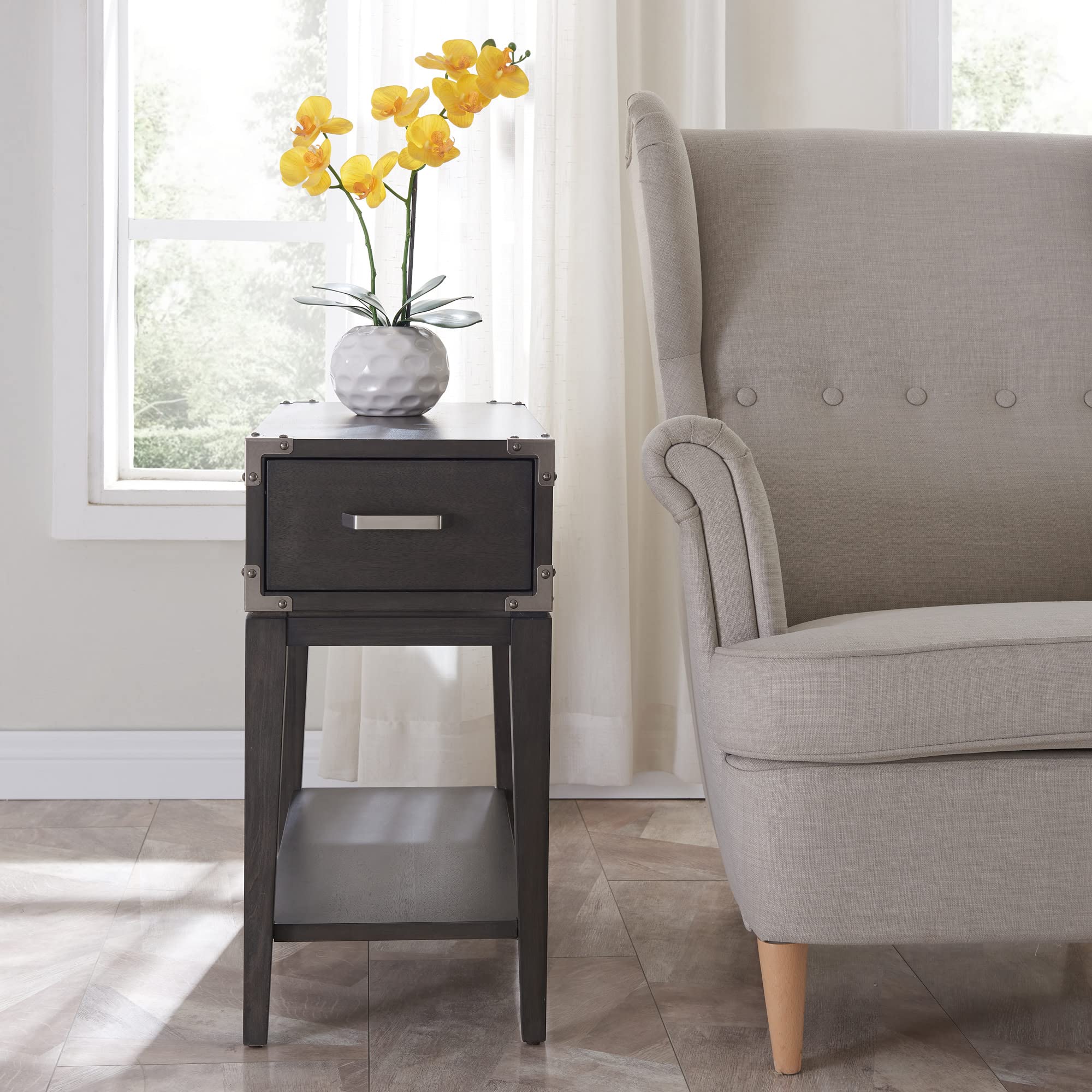 Leick Home Beckett Rustic Side Table with Drawer & Lower Shelf - Nightstand for Living Room, Bedroom - Anthracite/Pewter Finish - Perfect for Small Spaces & Home Decor