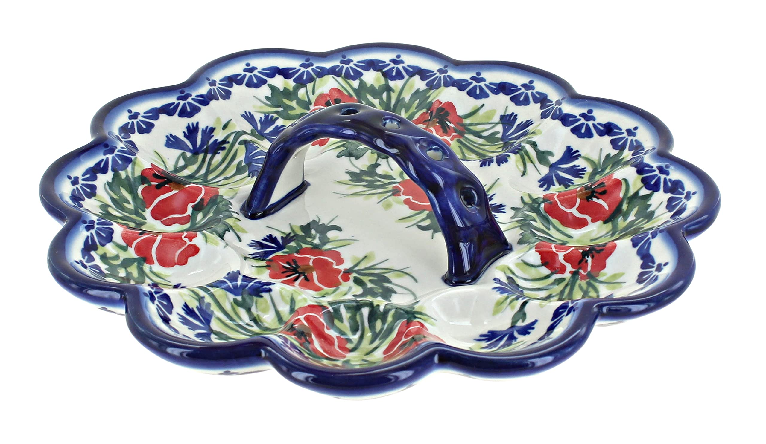 Handmade Blue Rose Polish Pottery Egg Plate - Cherry Red Floral Bouquet Design - Perfect for Easter Decor, Tableware & Gift Giving