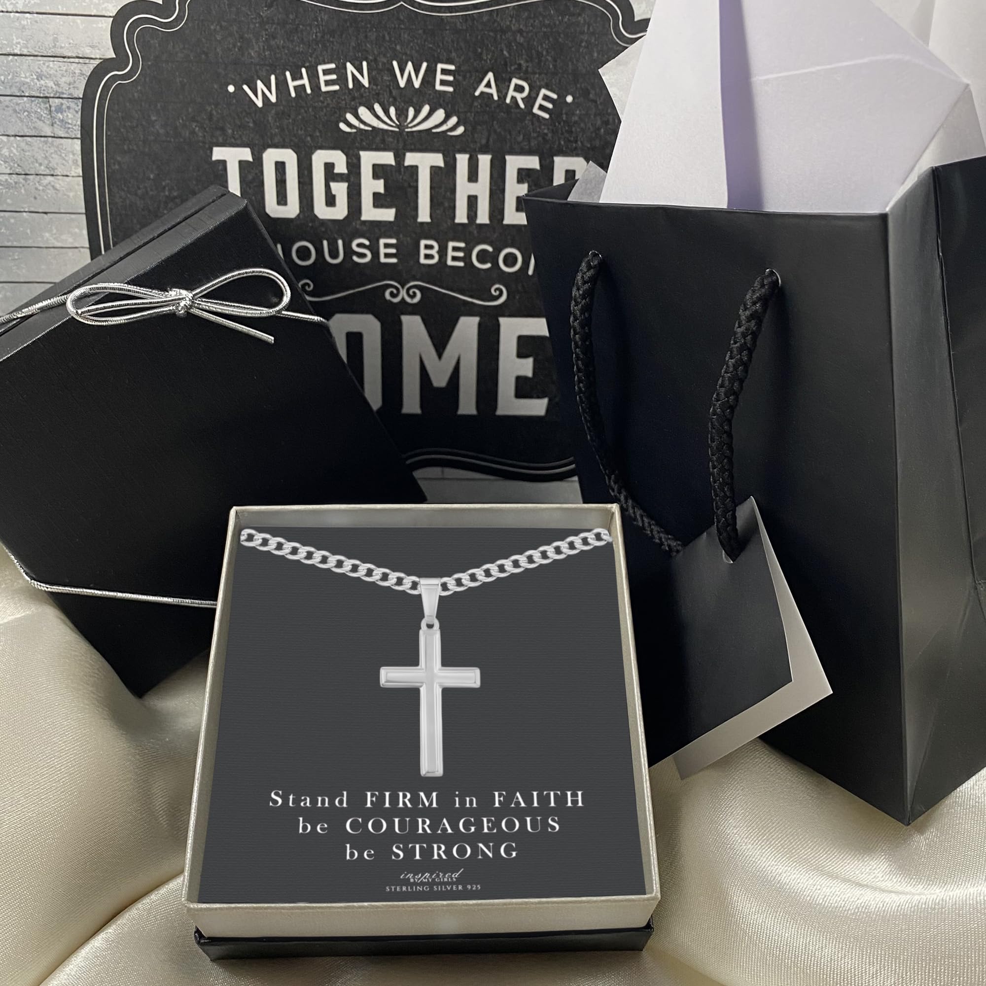 Men's Sterling Silver Cross Necklace with Curb Chain - Religious Jewelry Gift Set with Keepsake Card in Gift Box for Baptism, Confirmation & Special Occasions