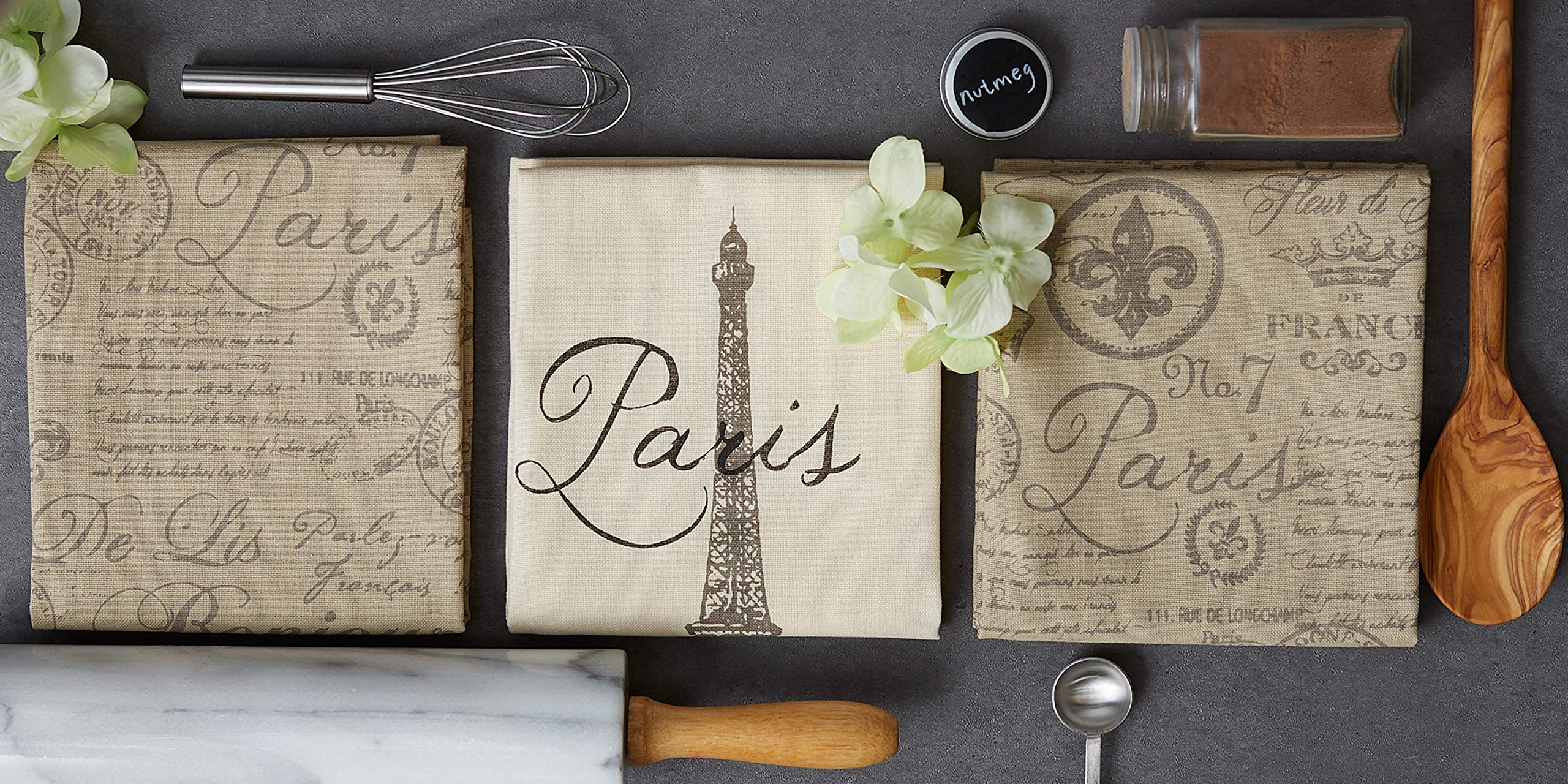 DII Cotton French Jacquard Dish Towels Set of 3 - Decorative Tea Towels for Kitchen, Cooking & Baking - French Macaroons Design - Perfect for Drying Dishes, Decor & Hostess Gifts