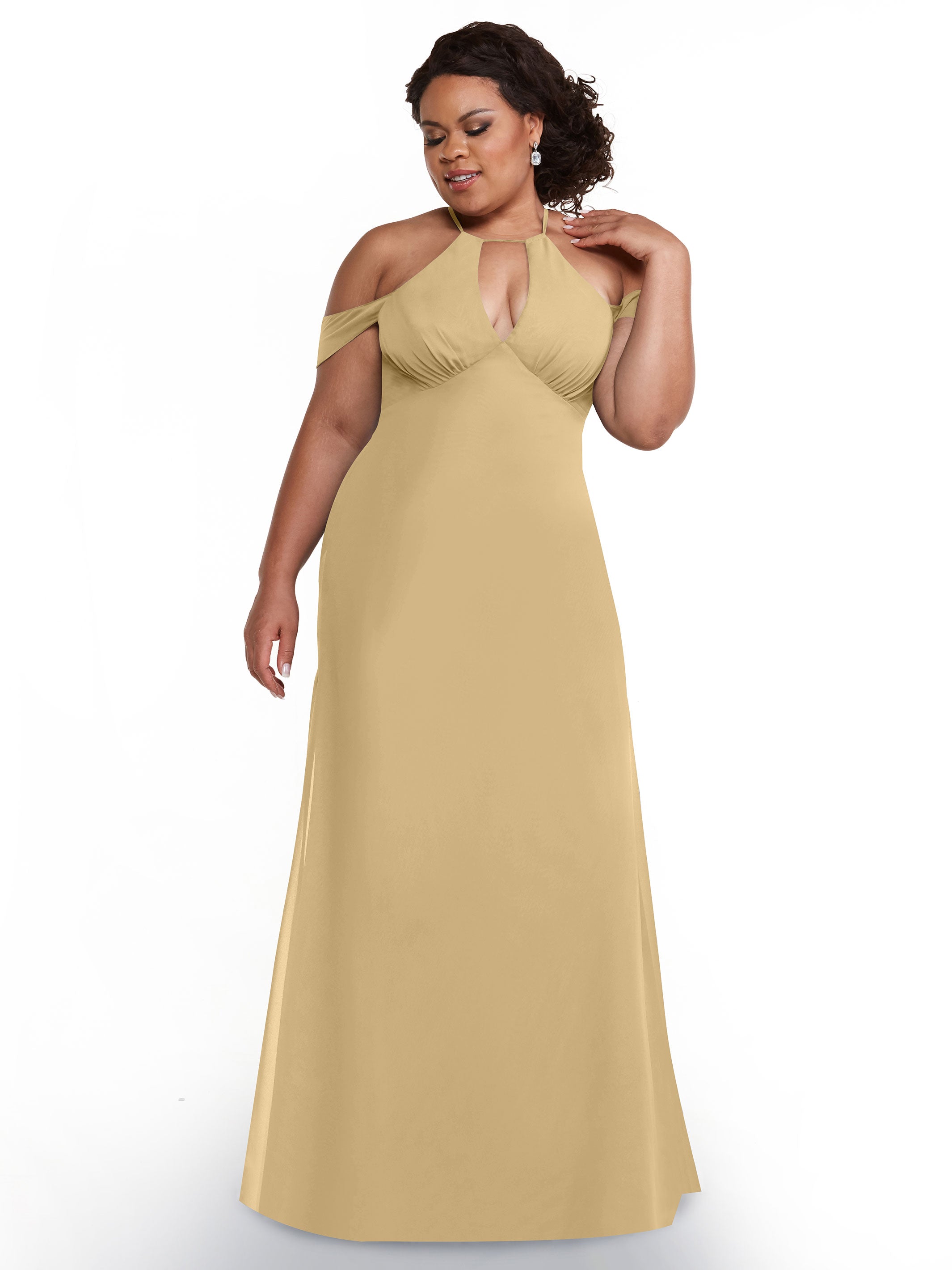 Elegant Off The Shoulder Chiffon Bridesmaid Dress with Halter Neckline - Perfect for Weddings, Formal Events & Special Occasions