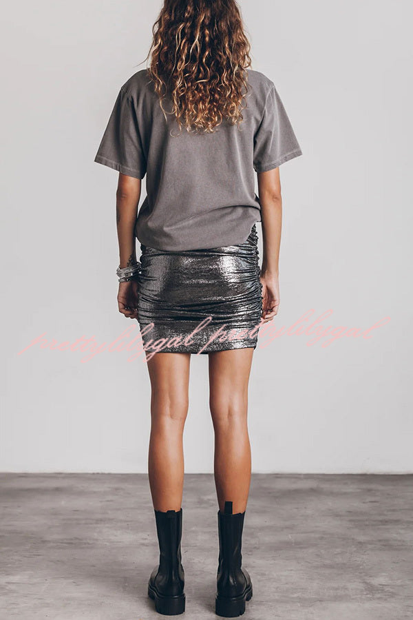 Glitter Fabric Ruched Elastic Waist Mini Skirt for Women - Party, Club, Night Out & Special Occasions - Sexy High Waist Bodycon Skirt for Dancing and Date Nights