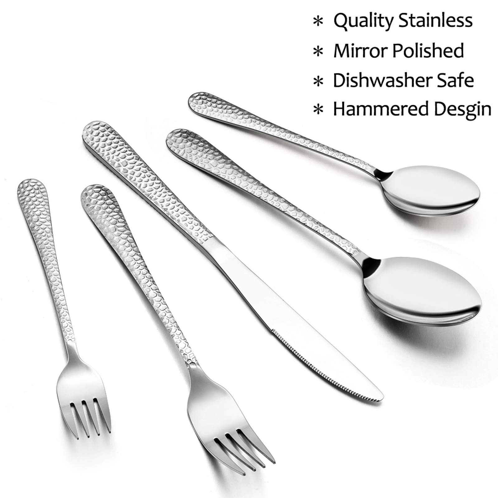 Hammered Silverware Set for 4 - E-far 20-Piece Stainless Steel Flatware Cutlery Set with Knives, Forks, Spoons - Modern Mirror Polished Design - Dishwasher Safe - Perfect for Dinner Parties, Weddings & Everyday Dining