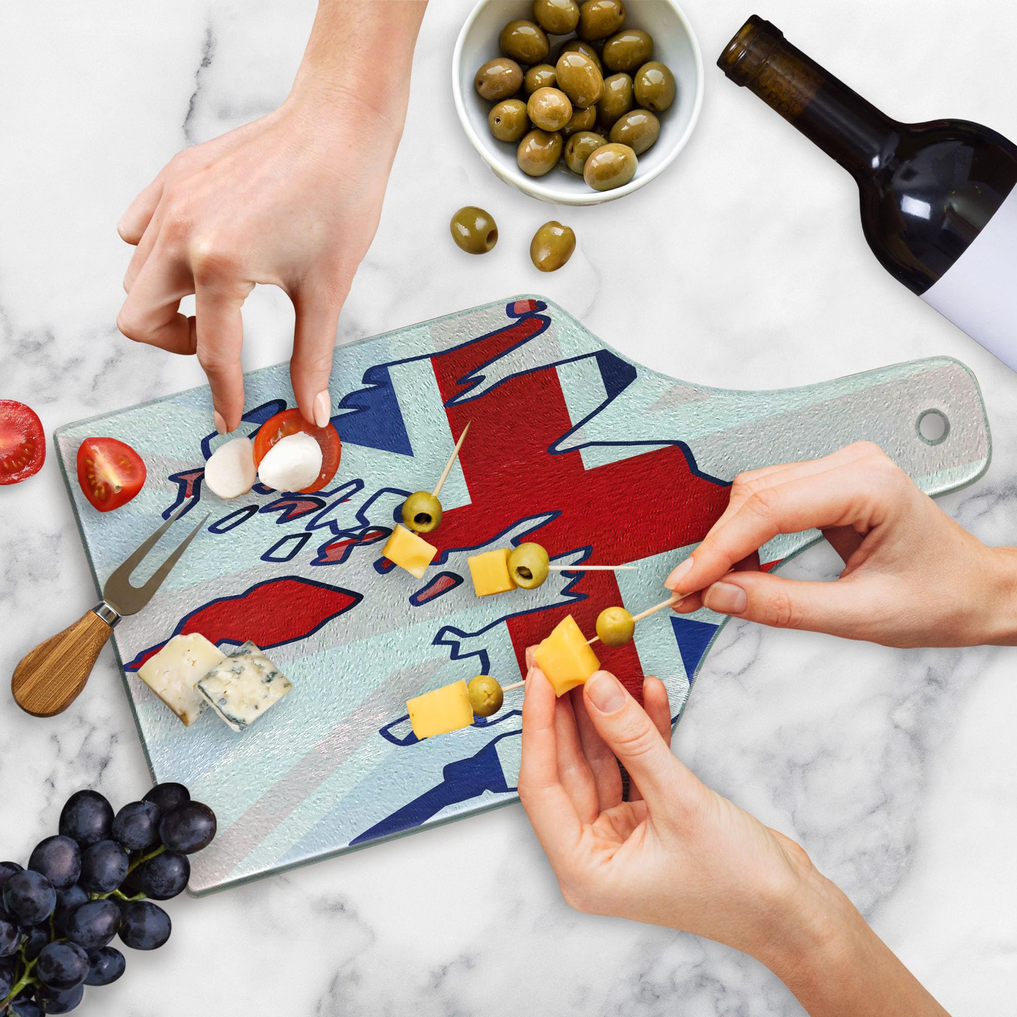 Ambesonne Union Jack Cutting Board - Faded UK Flag & Country Map Design - Tempered Glass Serving Board for Kitchen & Dining - Wine Bottle Shape in Violet, Blue, Red & White - Perfect for Entertaining, Charcuterie & Cheese Platters