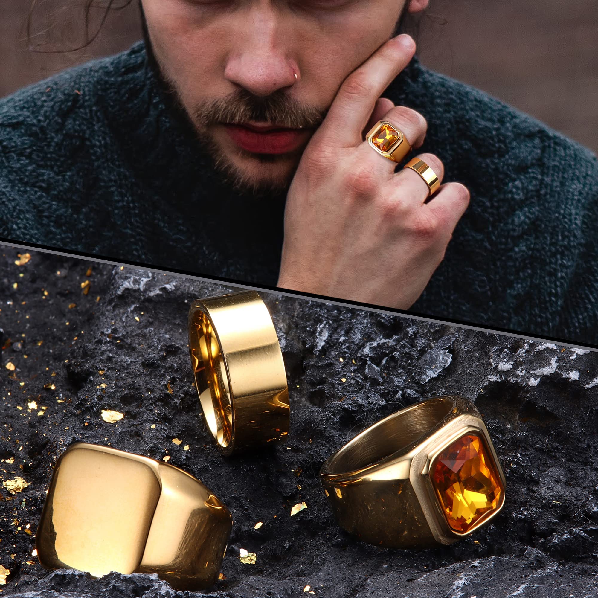 Dochais 3PCS Men's Stainless Steel Signet Rings Set - Square Agate Onyx Biker Rings for Men, Solid Polished Retro Band Rings (Size 7-13) - Perfect for Casual Wear, Biker Style & Gift Giving