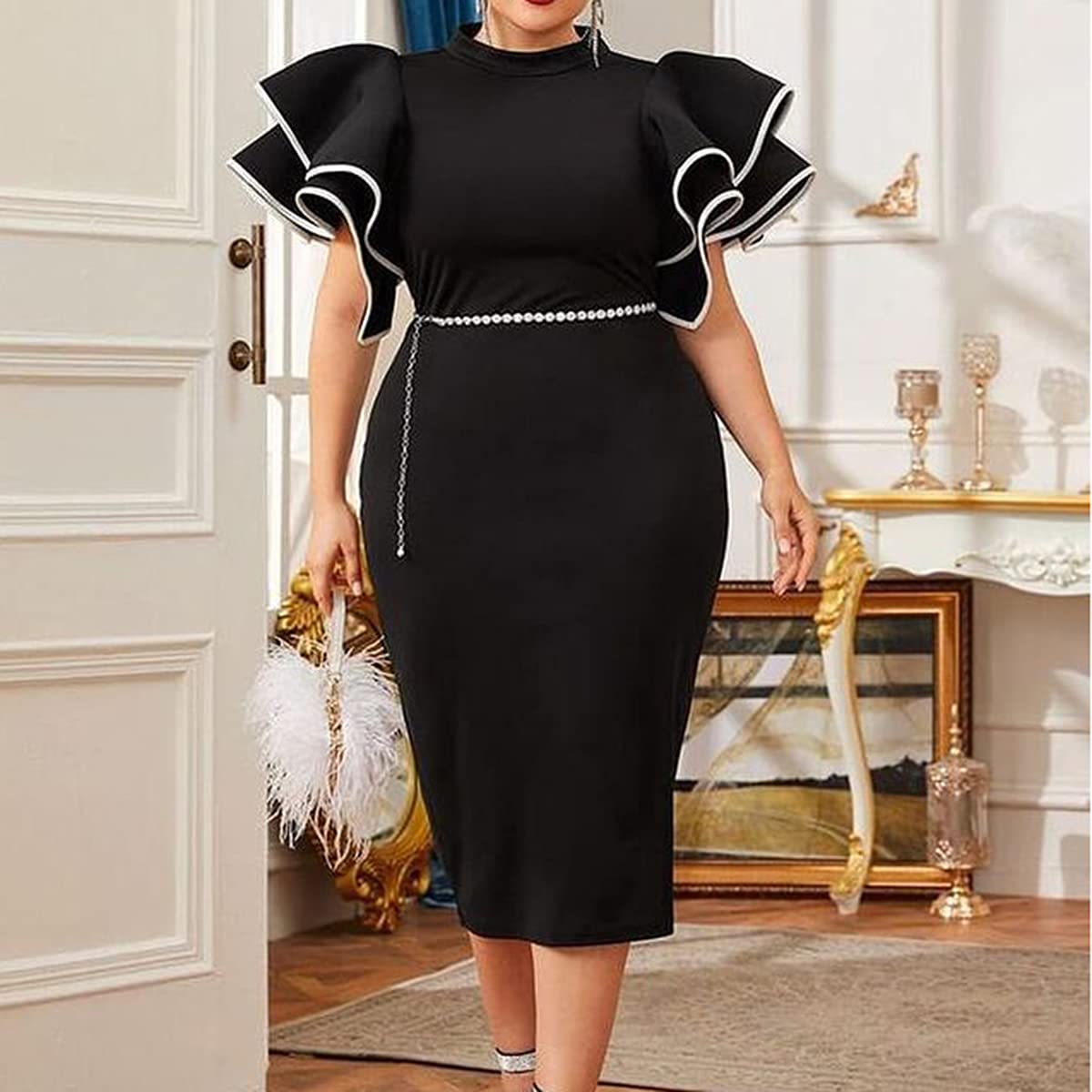 Cololura Plus Size Ruffle Sleeve Peplum Bodycon Dress - Elegant Formal Evening Gown for Women, Perfect for Parties, Prom, Cocktail Events & Special Occasions